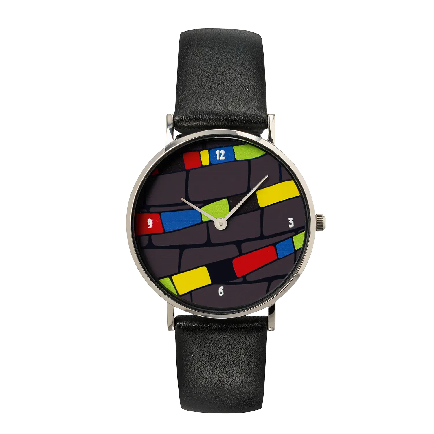 Künstler-Armbanduhr Zeitfinder "Zeitfang" mit bunten Blöcken und schwarzem Band.