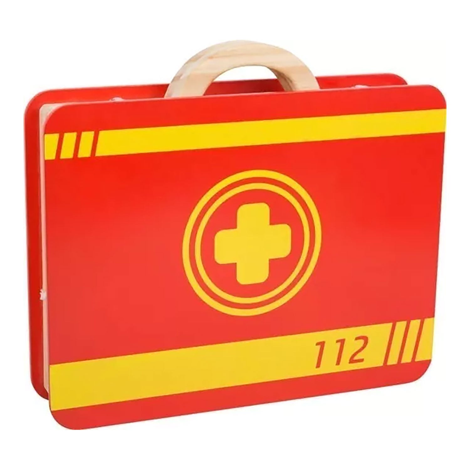 Arztkoffer für Kinder aus Holz mit gelben Streifen, Kreuz und Nr. 112.