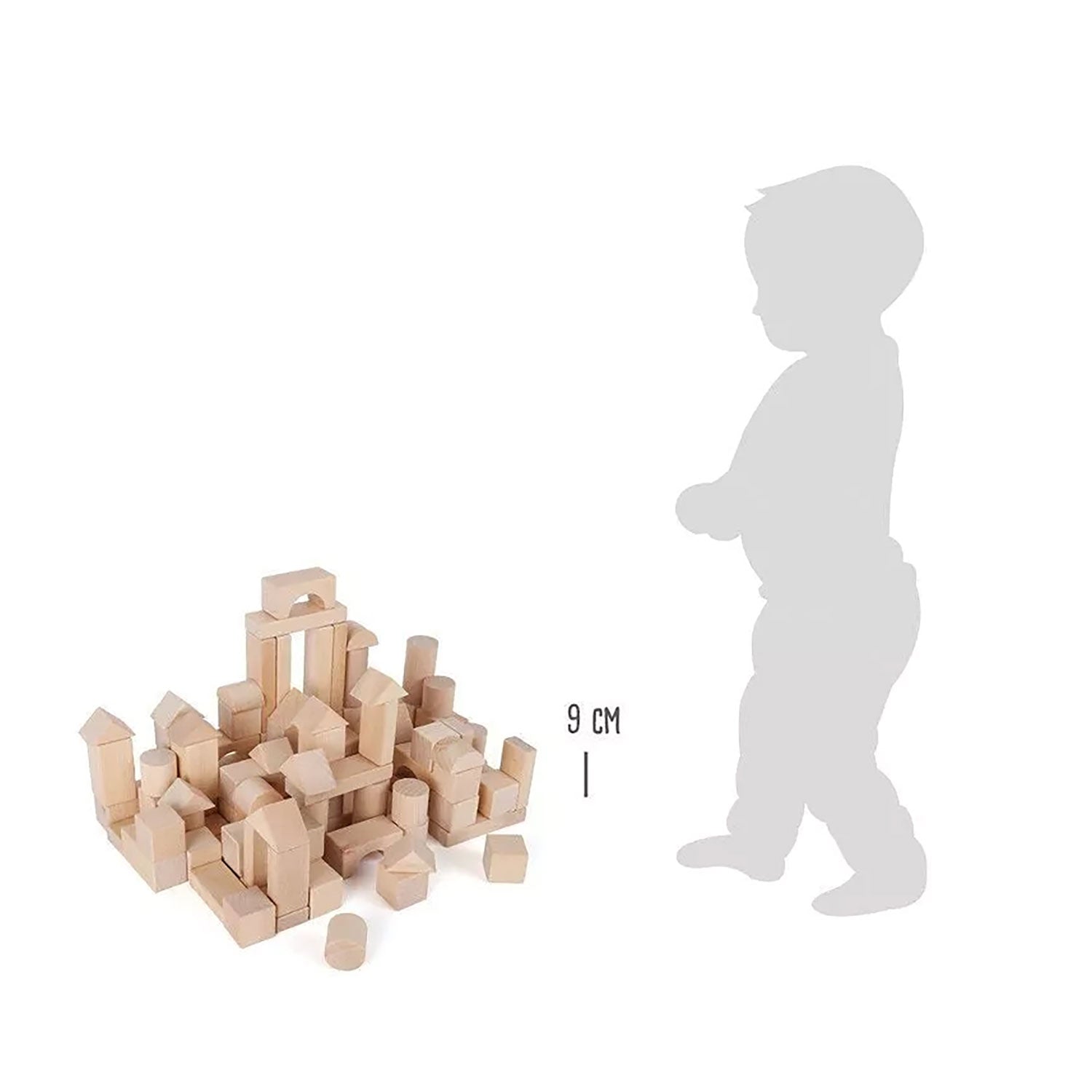 Holzbausteine 100 Stück aus Naturholz, 9 cm, neben Kindersilhouette.