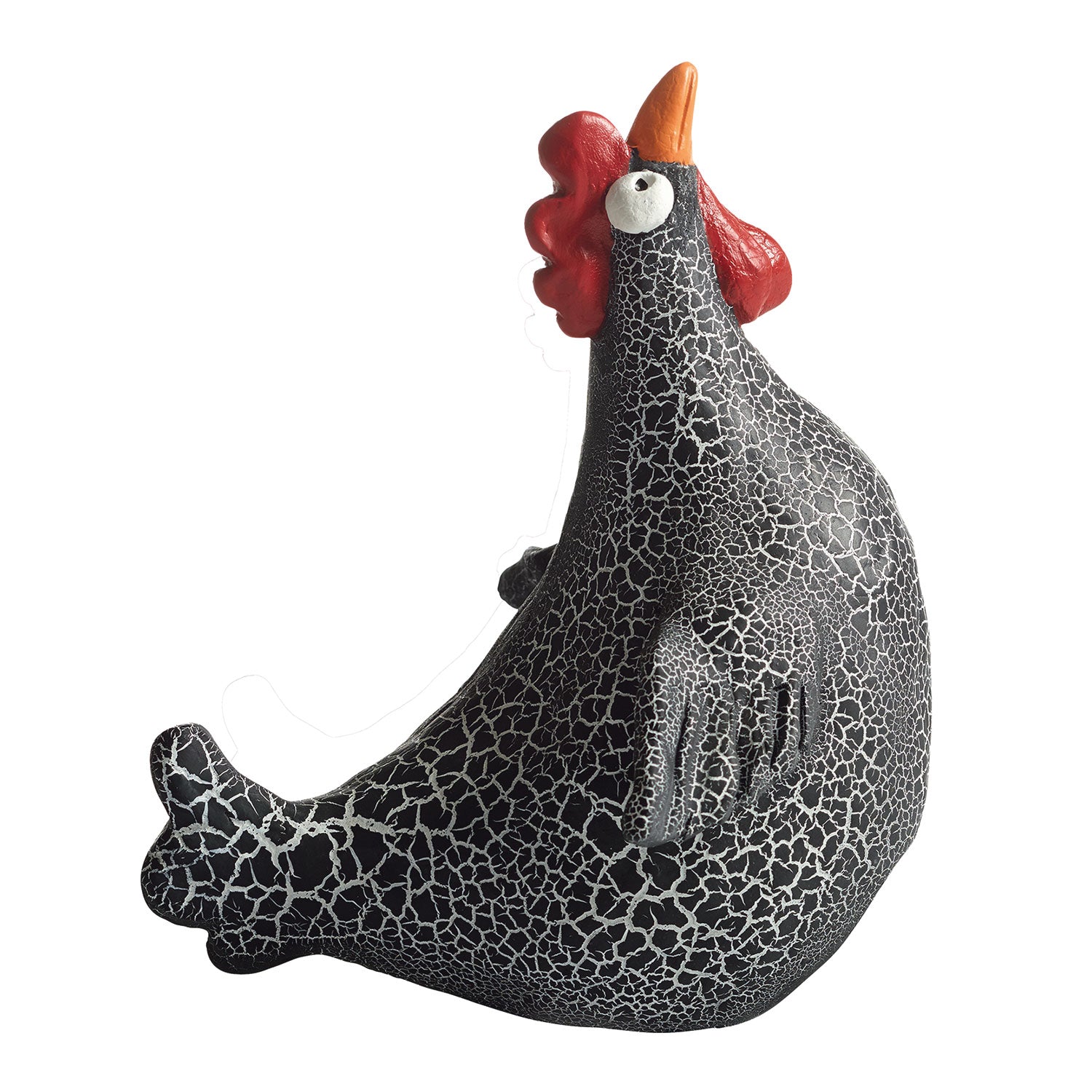 Das Hühnerset „Bea und Ida“ besteht aus einer Hühnerfigur aus Polyresin mit schwarzem Krakelee-Finish, leuchtend rotem Kamm und orangefarbenem Schnabel. Sie sitzt aufrecht und hat einen skurrilen Ausdruck – perfekt für Ihre vielseitige Sammlung.