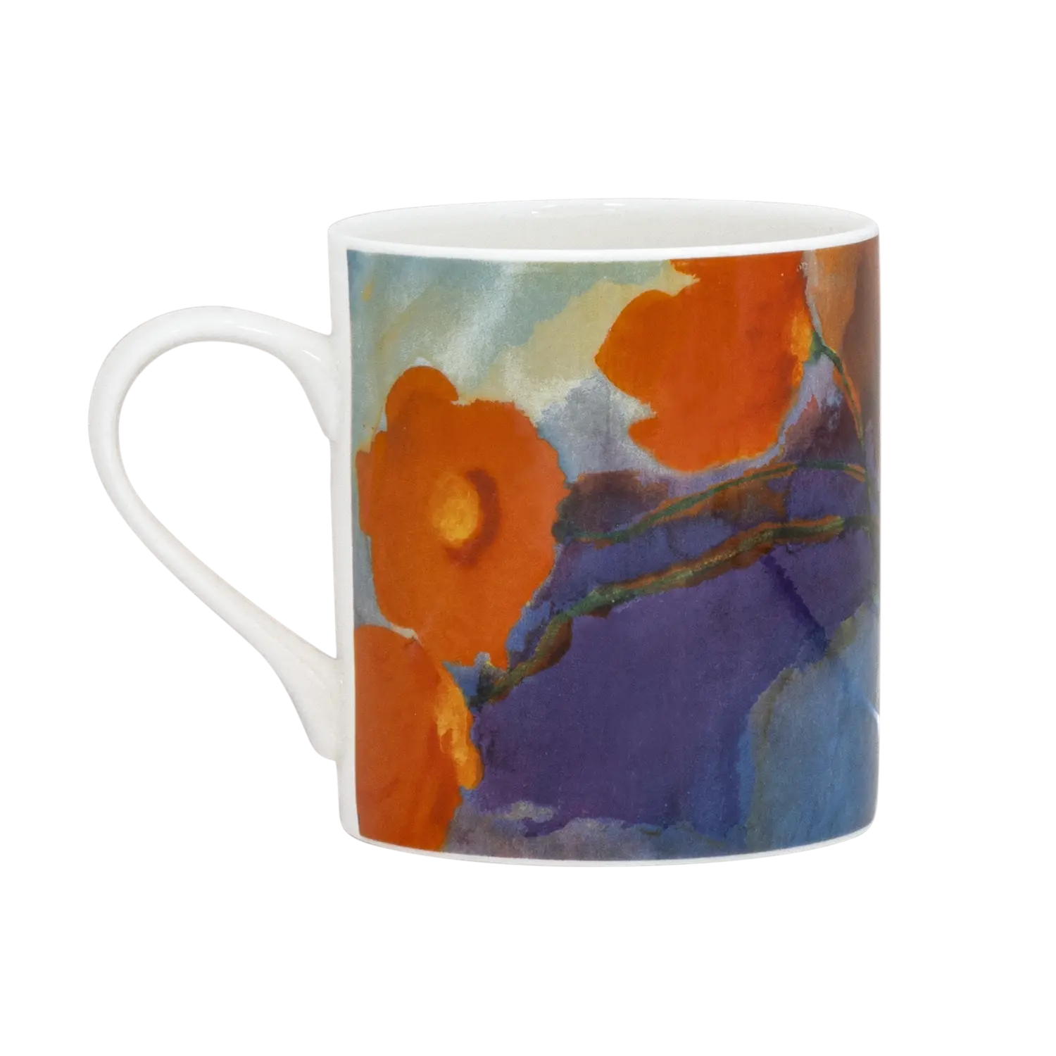 4er Set Becher "Sommerblumen" mit orangem Mohn und blauen Blüten.