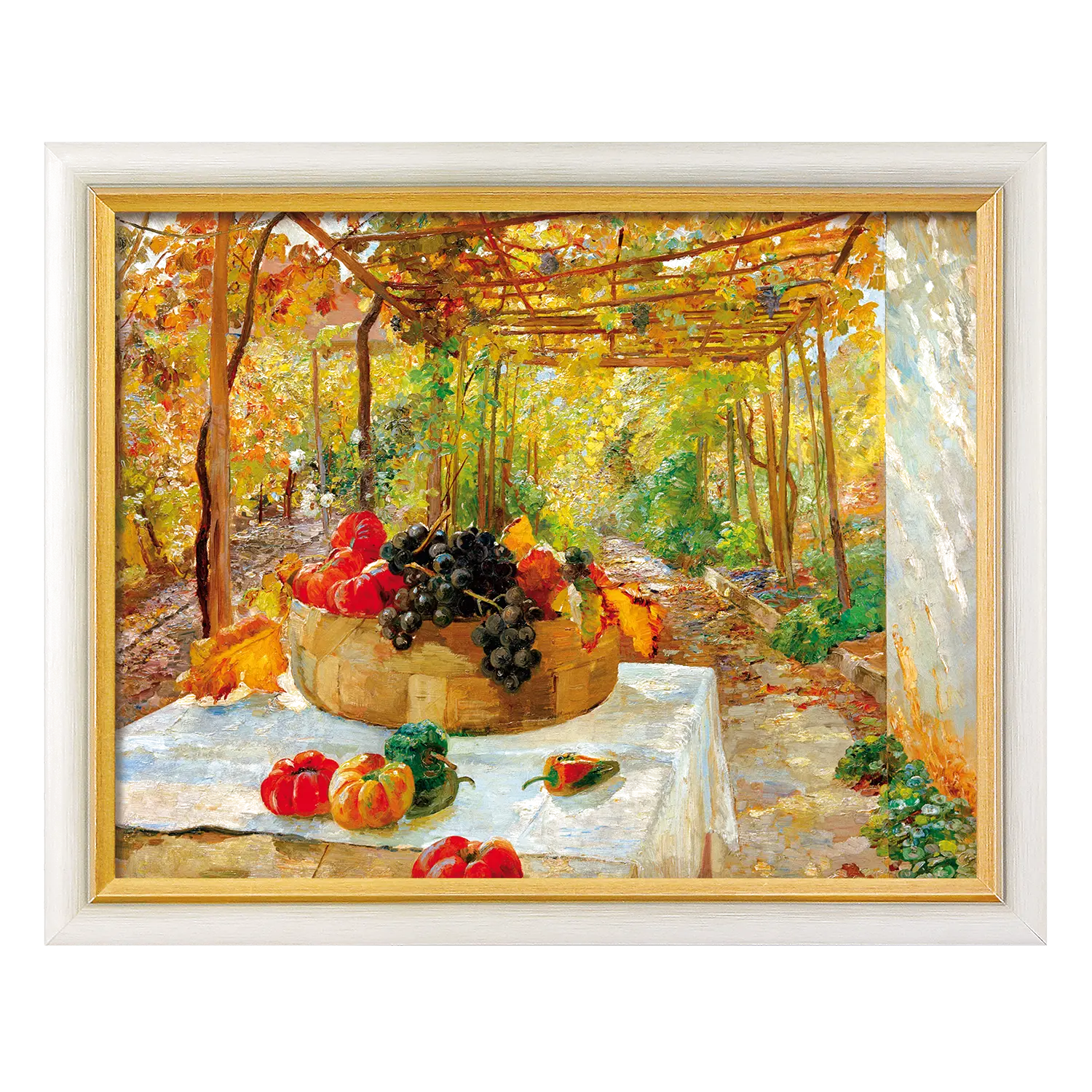 A Fine Art Giclée: Bild "In der Pergola"-Obstkorb im sonnenbeschienenen Garten.