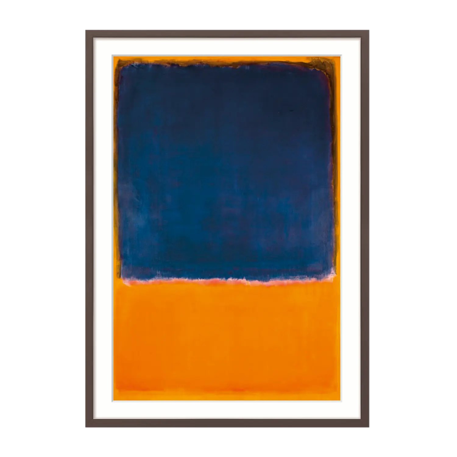 Bild „Untitled" (1950) von Mark Rothko, Fine Art Giclée, blau-orange Farbfelder, dunkelbrauner Massivholzrahmen