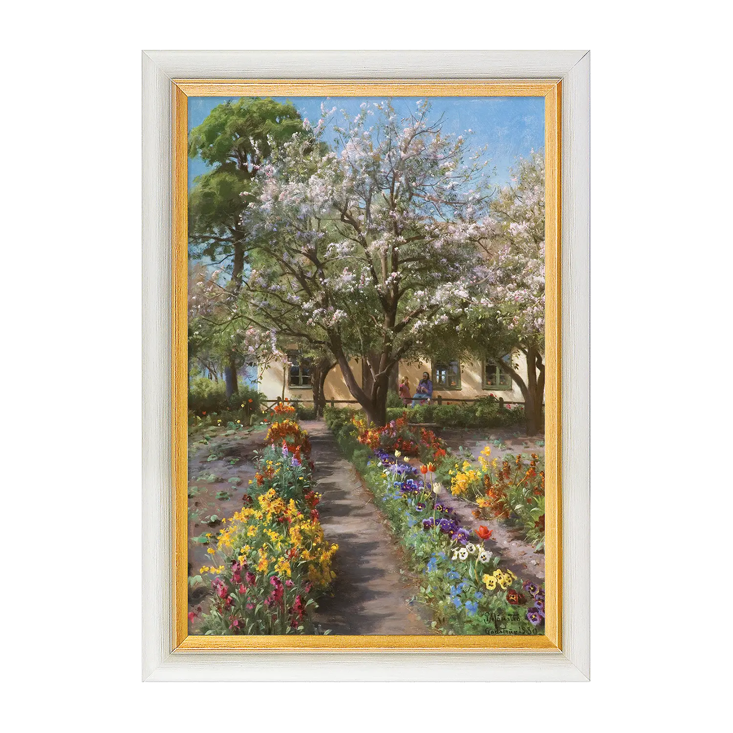 Das Bild zeigt einen idyllischen Garten in voller Frühlingsblüte. Im Vordergrund ranken sich zartrosa und weiße Blüten entlang eines kleinen Gartenwegs, der sich malerisch durch das Grün schlängelt. Die Natur wirkt unberührt und friedlich – Sträucher, Bäume und blühende Pflanzen sind in feinster Detailtreue dargestellt.