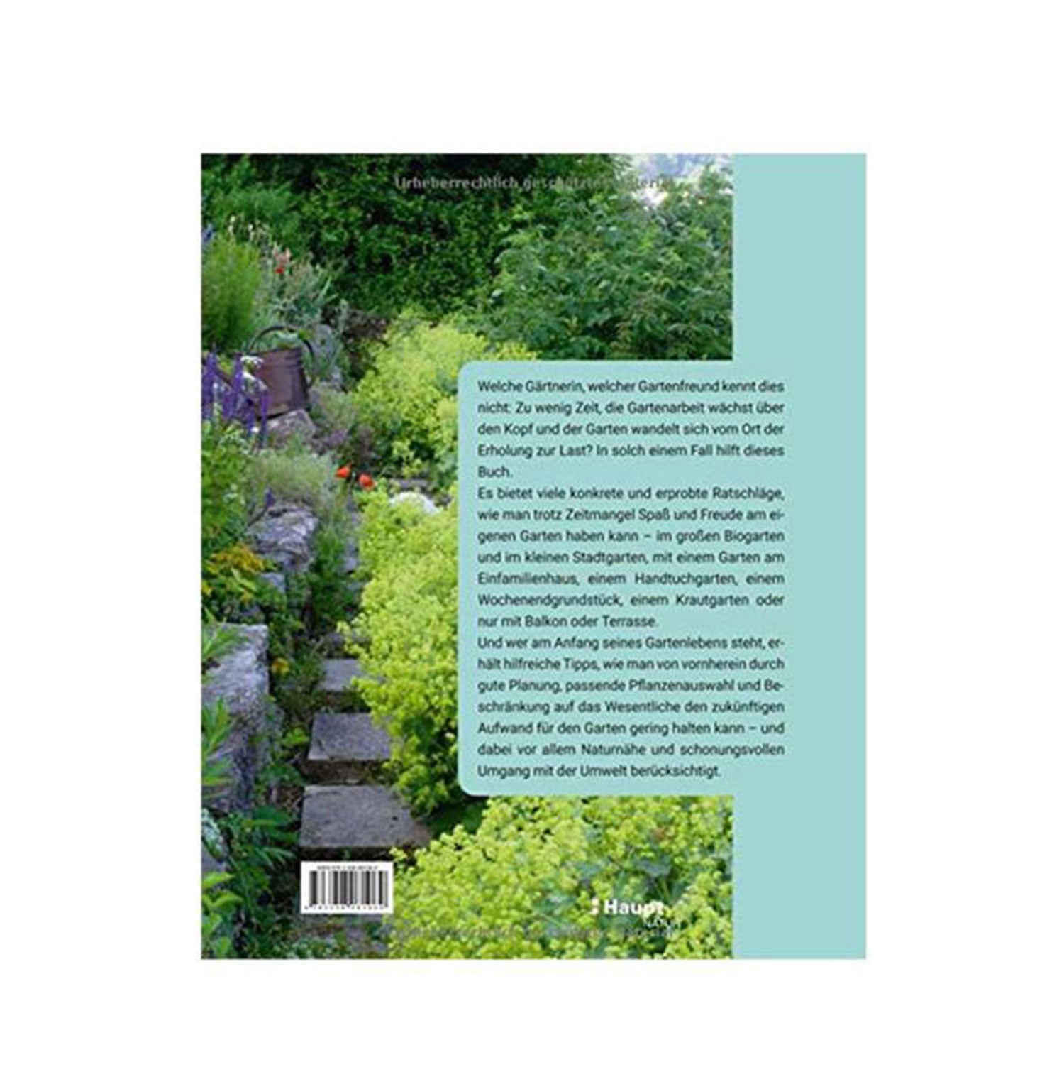 Rückseite mit Foto und deutschem Text für Viel Garten - wenig Zeit Gartenplanung.
