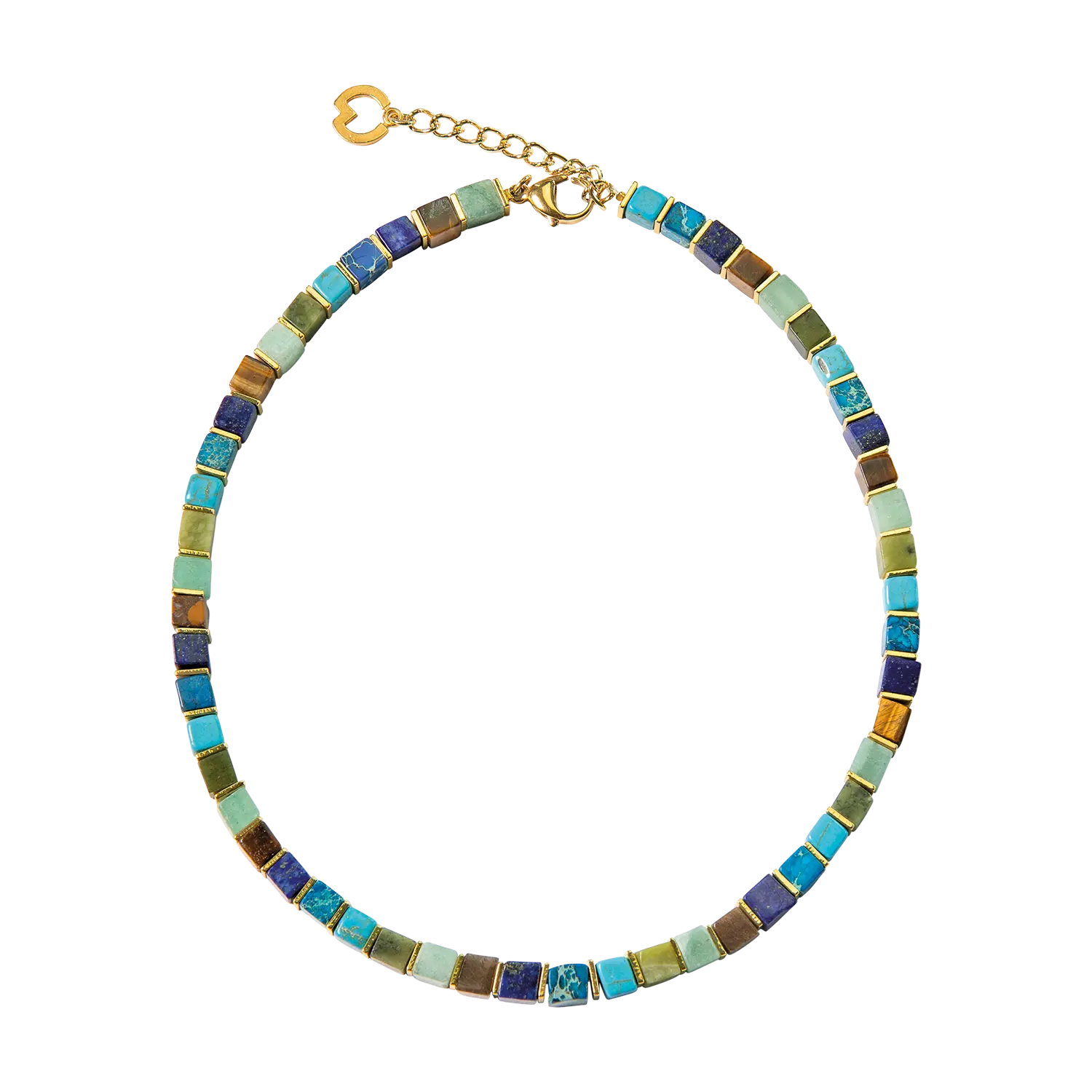 Collier "Bergsee" mit quadratischen blauen, grünen und goldenen Perlen und goldener Schließe.