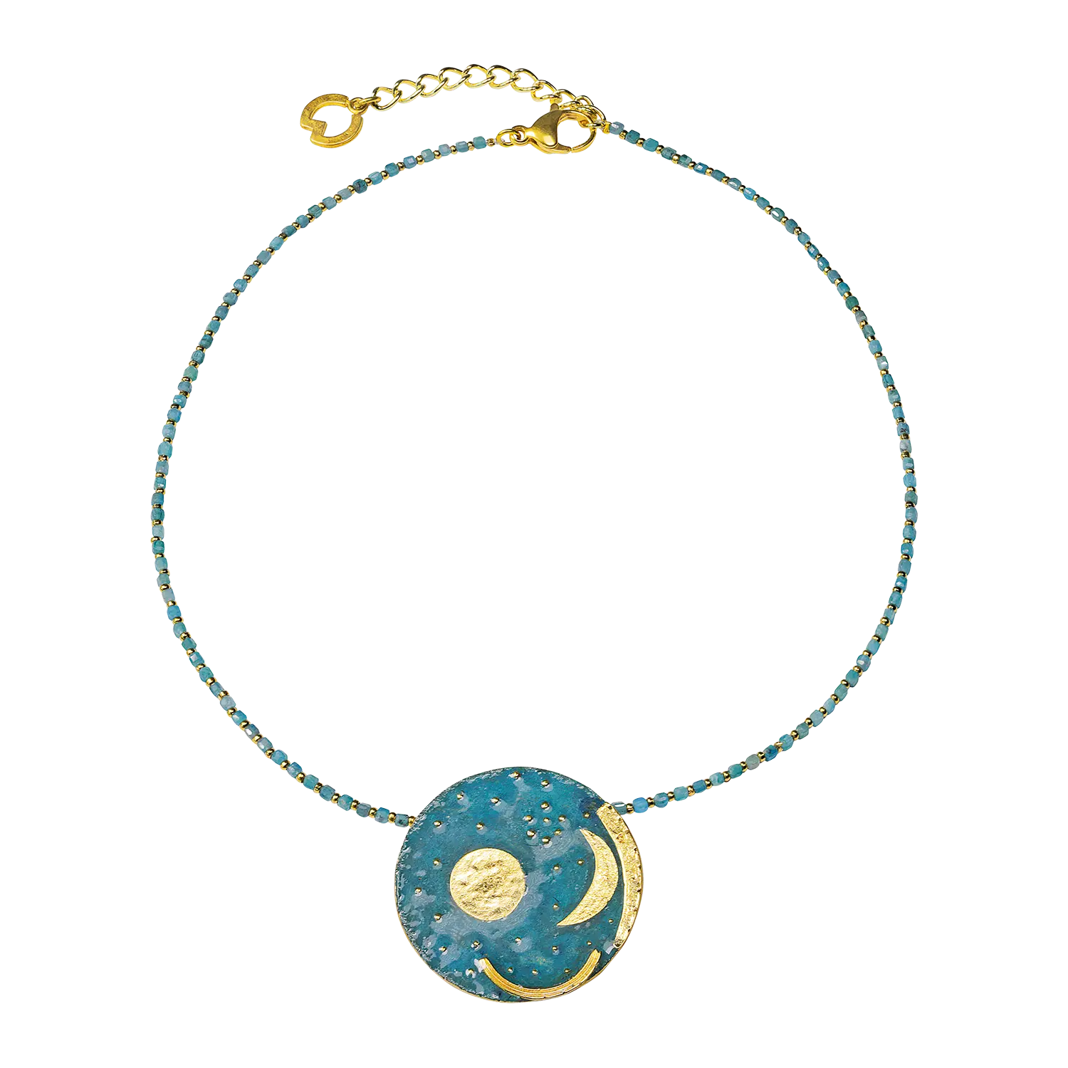 Collier "Himmelsscheibe von Nebra" mit goldenen und türkisfarbenen Perlen.