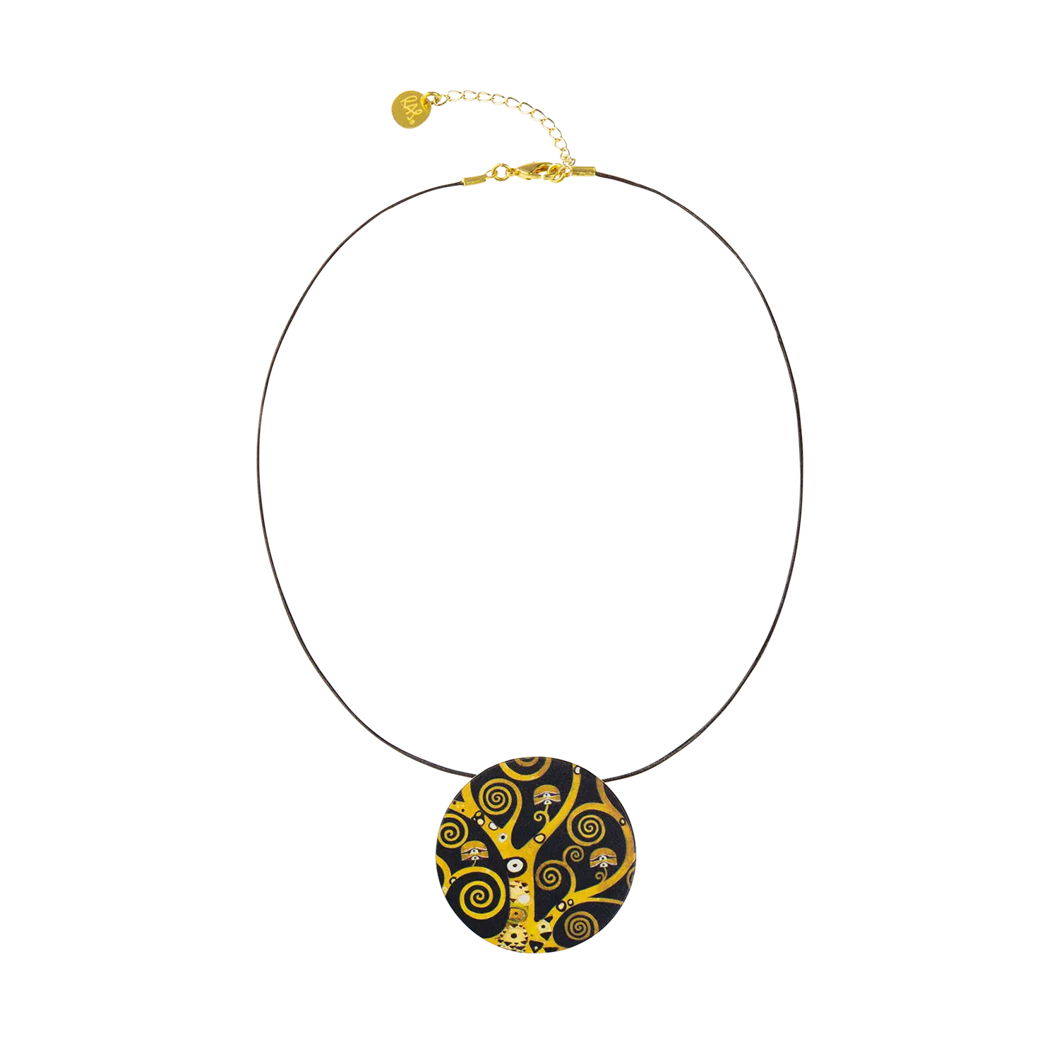 Collier „Lebensbaum“ nach Gustav Klimt mit rundem Metallanhänger und Lederband