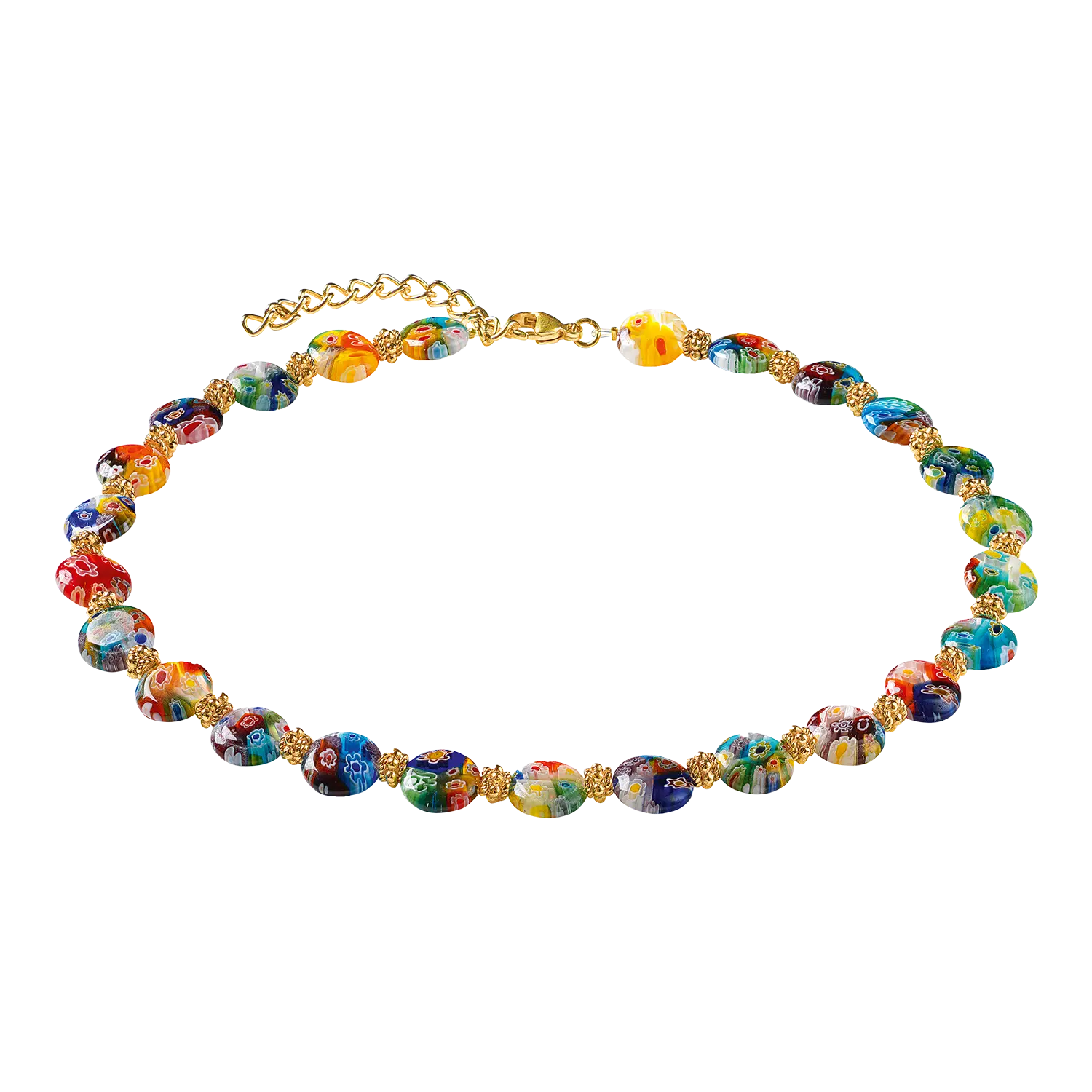 Collier "Mille Fiori": Bunte Glasperlen, goldene Akzente, verstellbar.