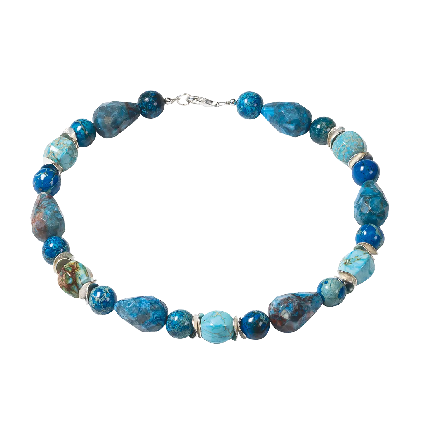 Perlencollier Sansibar mit blauen Jaspis-Perlen, Larimar-Akzenten und versilberten Zwischenelementen