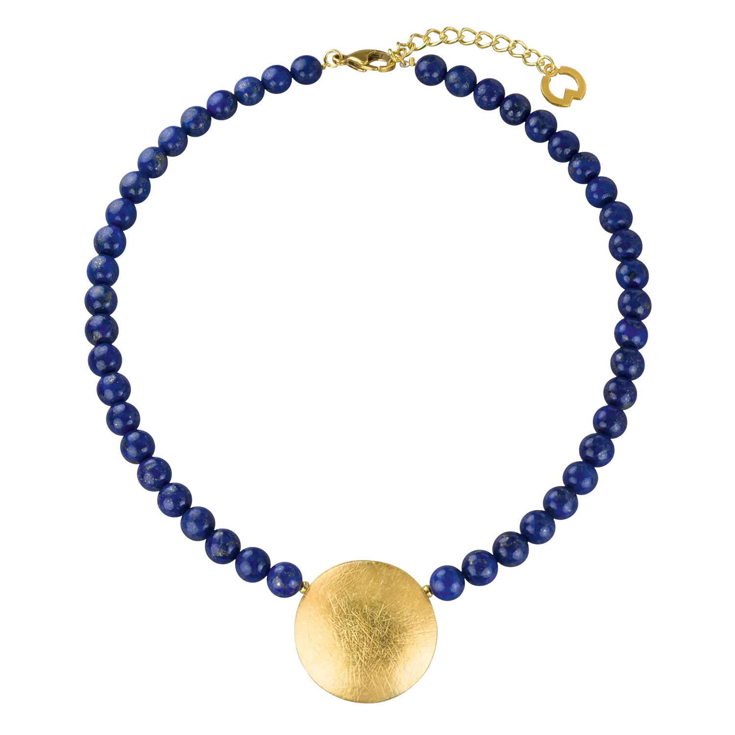 Collier „Sonnenscheibe" mit Lapislazuli-Perlen und goldfarbenem Anhänger