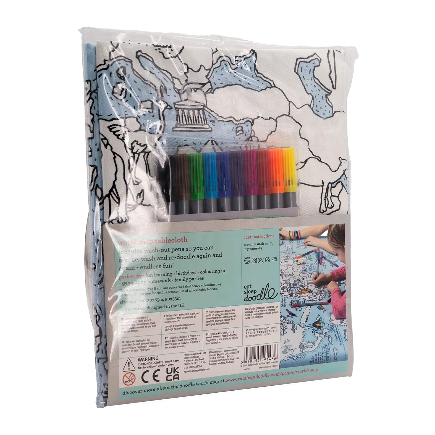 Die Baumwolltischdecke „Color In World Map“ ist auswaschbar.