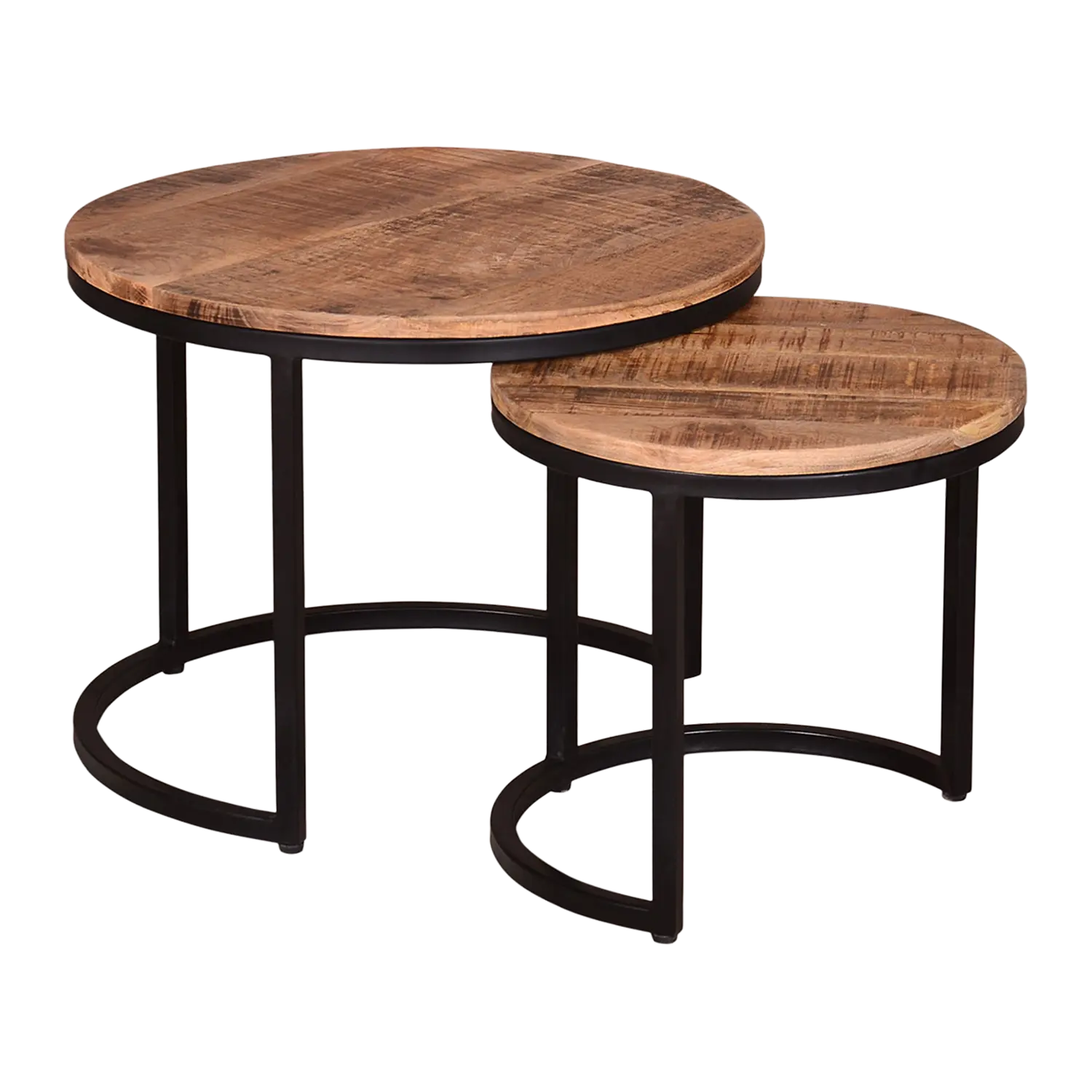 Couchtisch-Set Fermo – zwei runde Mangoholz-Tische mit schwarzem Metallgestell