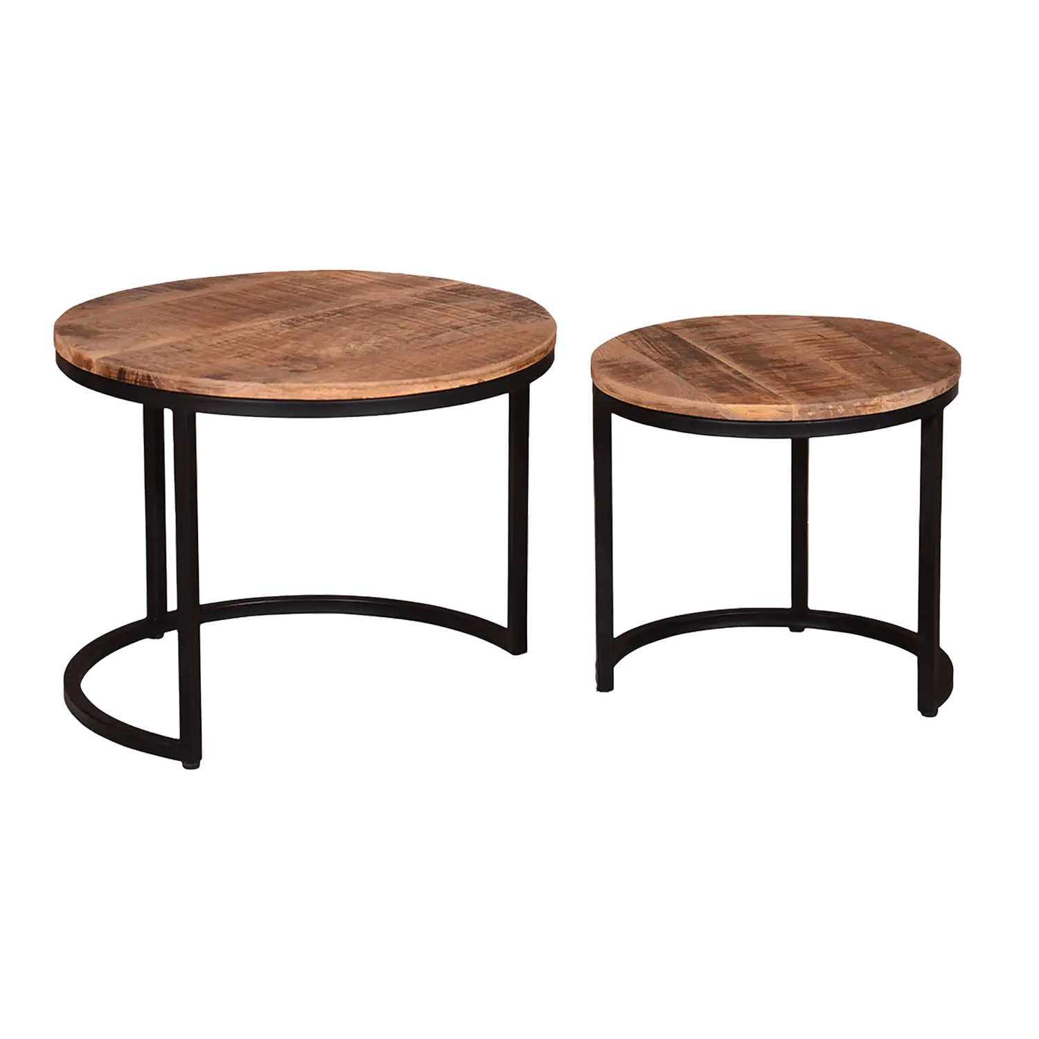 Loungeset Loconia Fermo: runde Beistelltische mit Holzplatten und modernem Design.