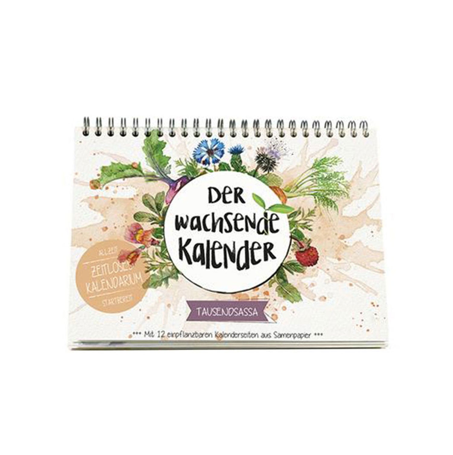 Der spiralgebundene „Der wachsende Kalender“ bietet lebendige Blumenillustrationen mit Aquarellakzenten und ein rundes Etikett, das das nachhaltige samenfeste Samenpapier und Bio-Saatgut hervorhebt und für ein einzigartiges Pflanzerlebnis sorgt.