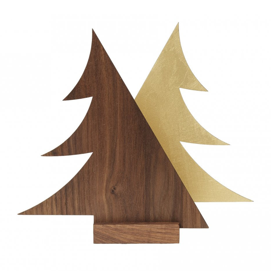 Ein baumförmiges Ornament aus Holz und Gold mit schlichtem, modernem Design – perfekt als Weihnachtsdeko oder um Ihr Lieblingsteelicht zu halten.