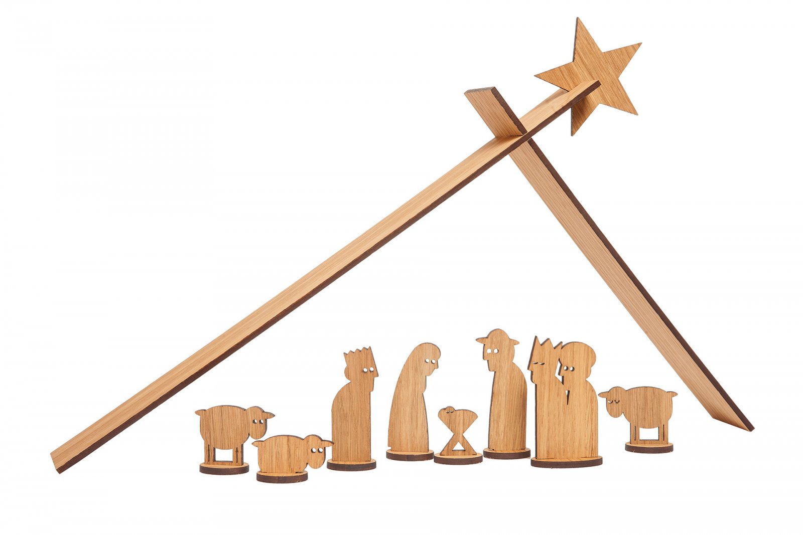 Minimalistische HOLZKRIPPE SIMPLY CHRISTMAS Holzkrippe mit Eichenfurnier-Figuren, Tieren und einer sternförmigen Dachkonstruktion.