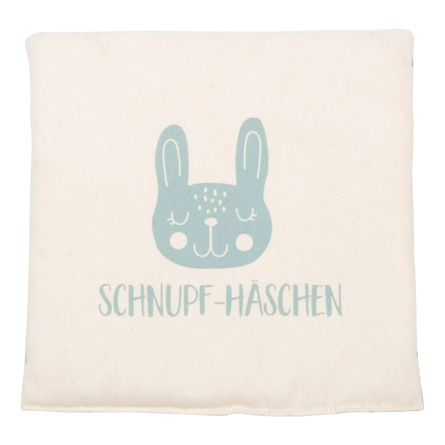 Cremefarbener Stoff mit blauem Hasengesicht, Set Kinder Duftkissen Schnupf-Häschen + Bäuchlein-Bär.
