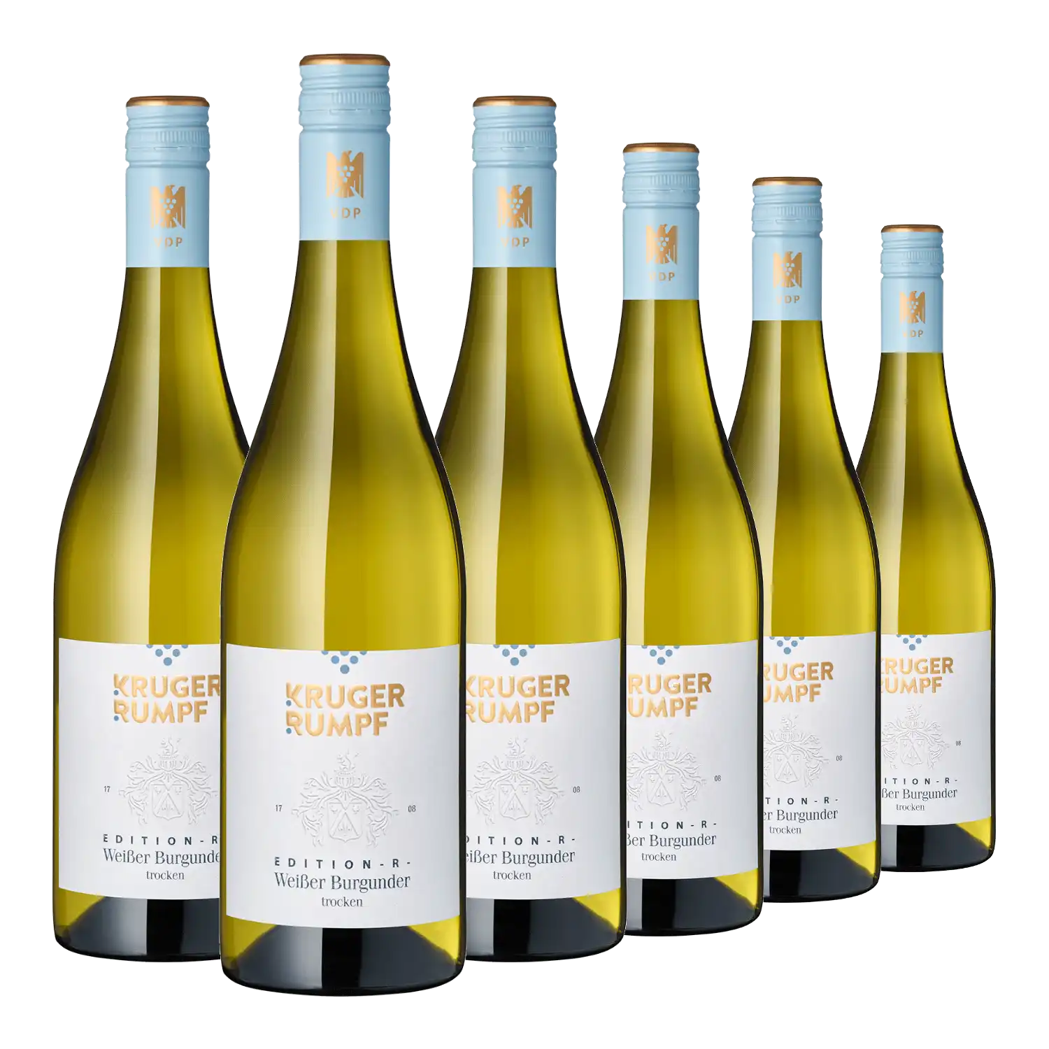 Sechs Flaschen Der Spargel-Klassiker mit blauen Verschlüssen in zwei Reihen.