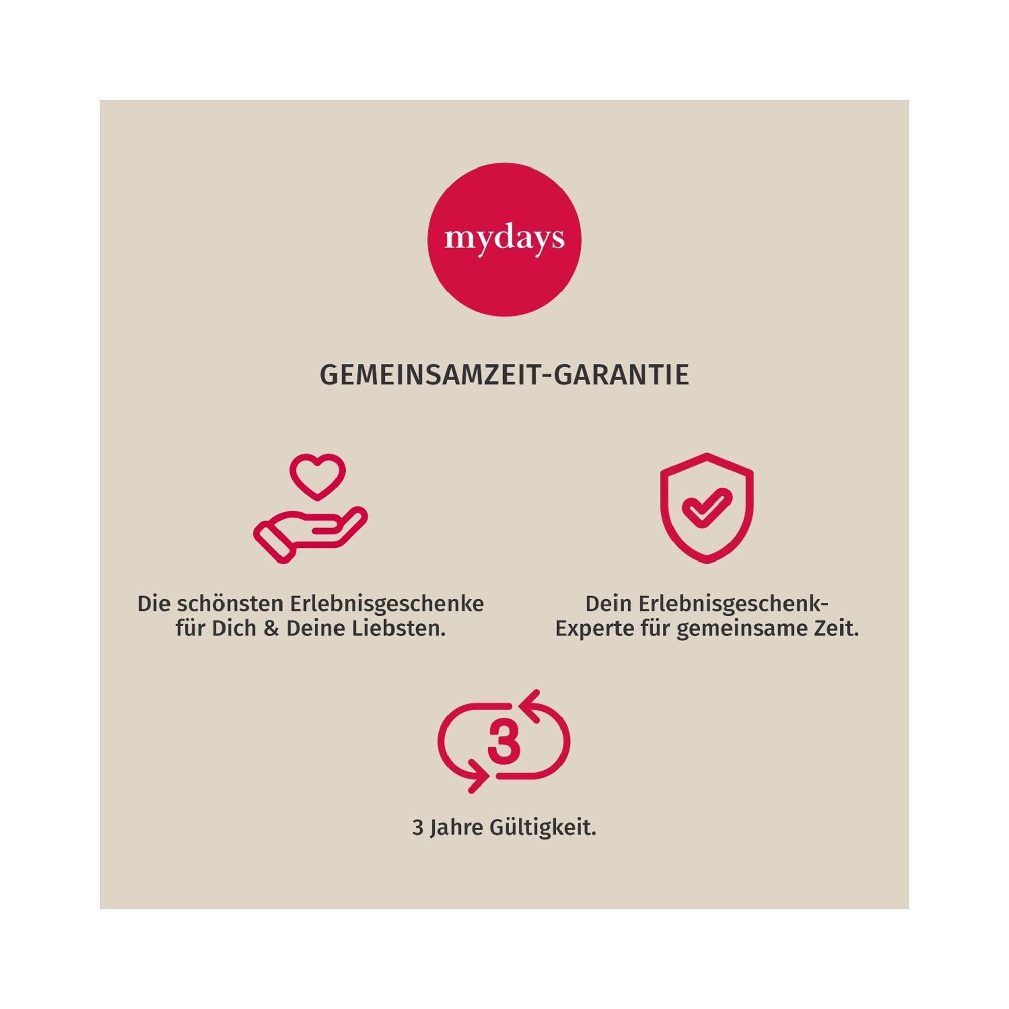 Die Grafik „mydays Gemeinsame Zeit-Garantie“ zeigt die Symbole einer Hand mit Herz, eines Dokuments und der Zahl 3 im Kreis. Sie hebt Geschenkerlebnisse wie Entspannung oder Kurzurlaub mit der Erlebnis-Box Endlich Urlaub für die Liebsten hervor und ist 3 Jahre gültig.