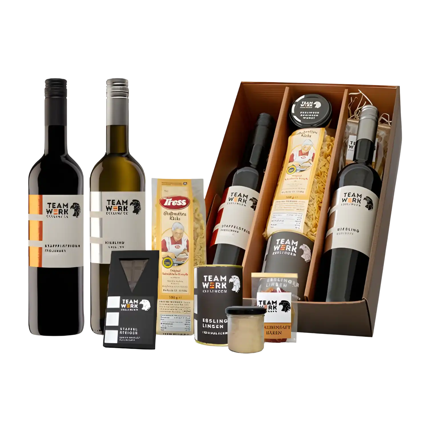 Esslinger Gedeck Geschenkset: Wein, Snacks schwäbische Spezialitäten im Karton.