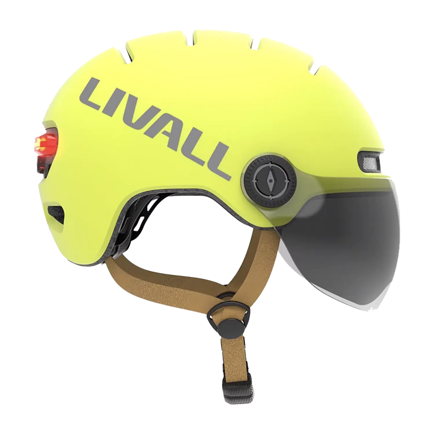 Von der Seite ist ein leuchtend gelber Fahrradhelm mit Visier, Bremslicht und SOS-Alarm mit eingebautem Rücklicht, verstellbarem Drehknopf, aufgesetztem Visier und braunem Kinnriemen abgebildet.