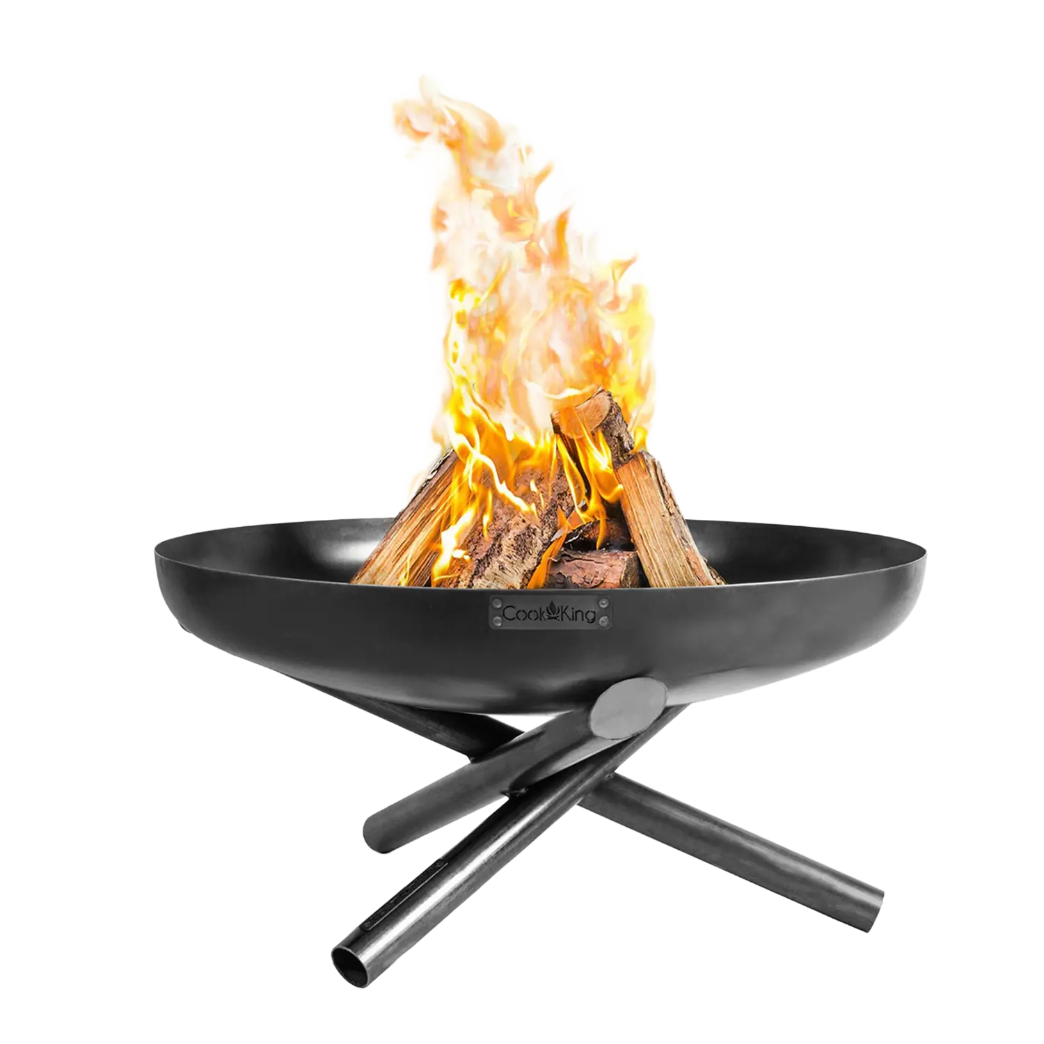 Die Feuerschale Idaho: eine moderne schwarze Feuerstelle mit brennenden Holzscheiten und orangefarbenen Flammen.