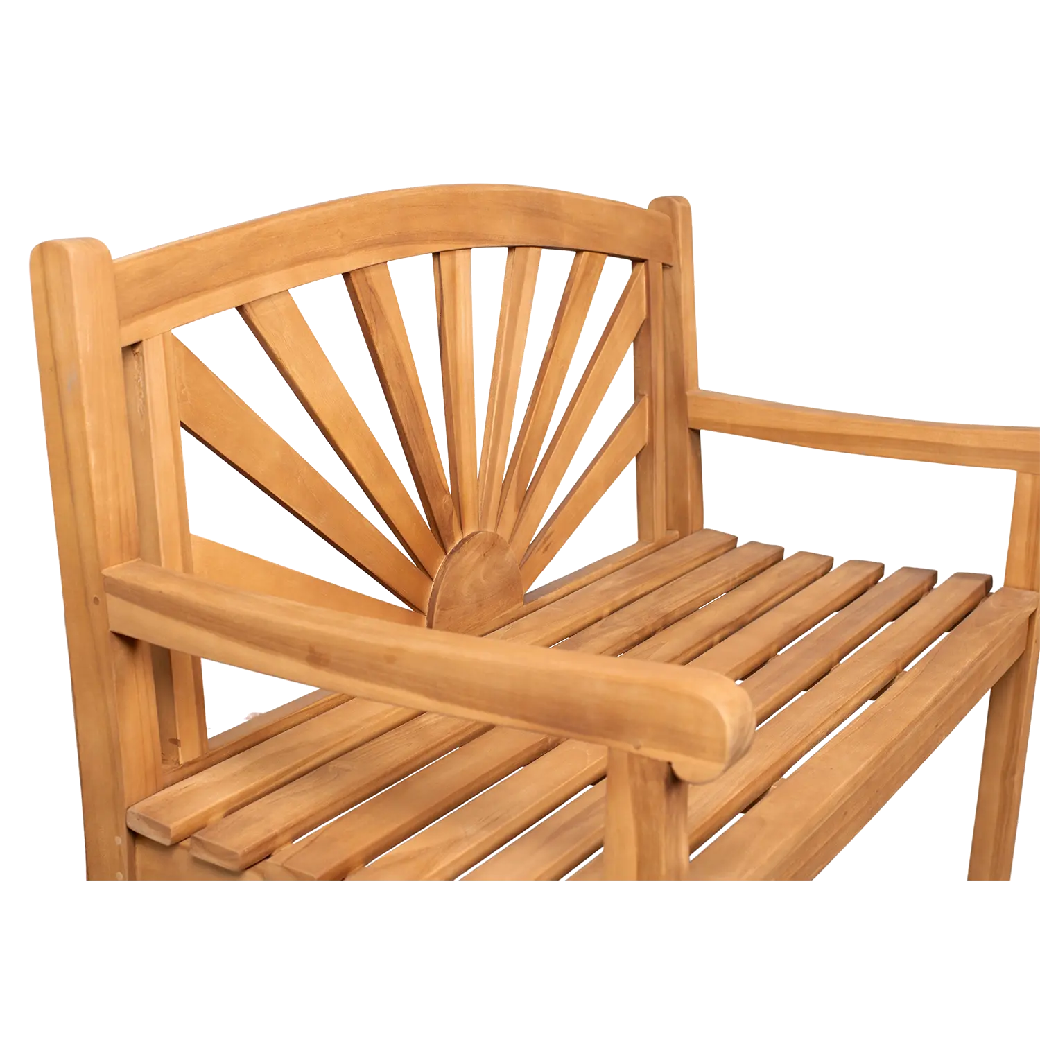 Wetterfeste Gartenbank aus Teakholz 120 cm mit Sonnenmotiv und Latten-Sitzfläche.