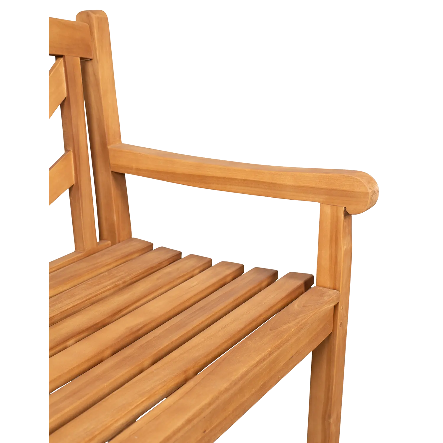 Nahaufnahme einer Gartenbank aus Teakholz 120 cm mit vertikalen Latten und Armlehne.