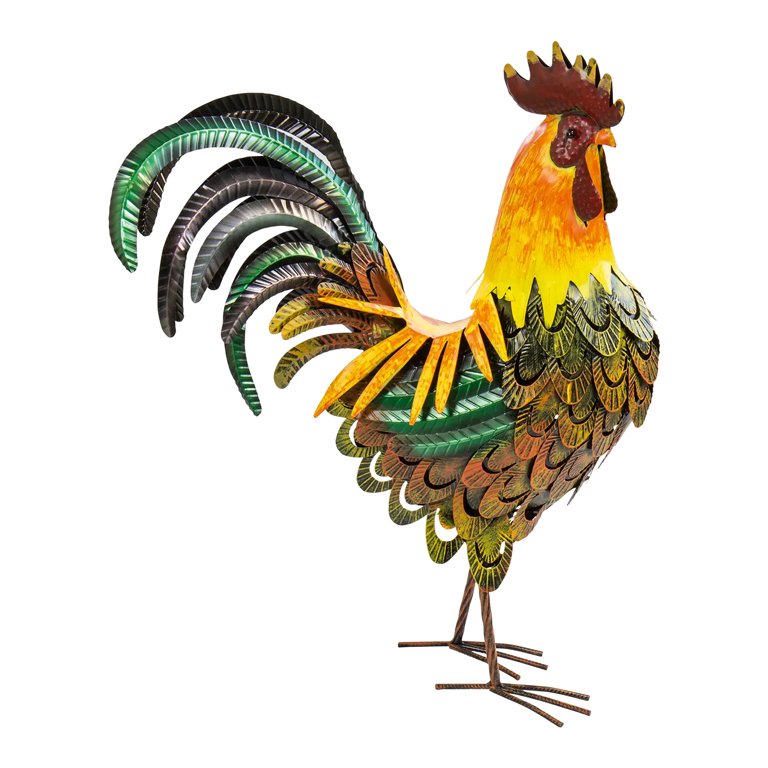 Gartenfigur Hahn für moderne Deko mit detailreichen Federn auf weißem Grund.