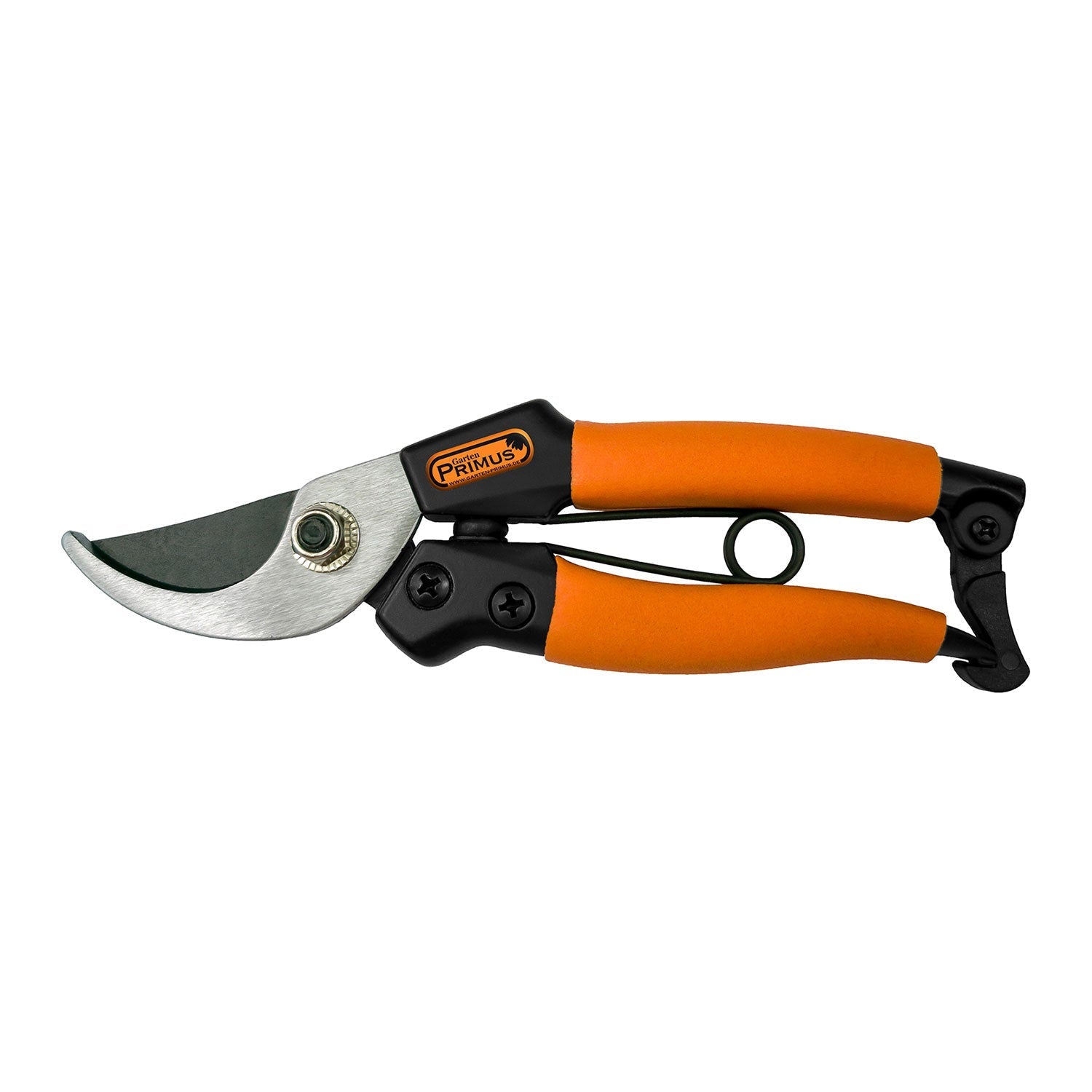 Gartenschere mit orangefarbenem Griff, Softgrip und Sicherheitsriegel.