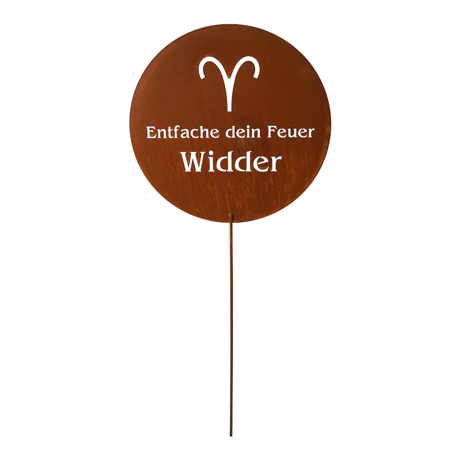 Designstecker Rost Widder: Rundes Metallschild Garten-Deko mit Widder-Symbol.