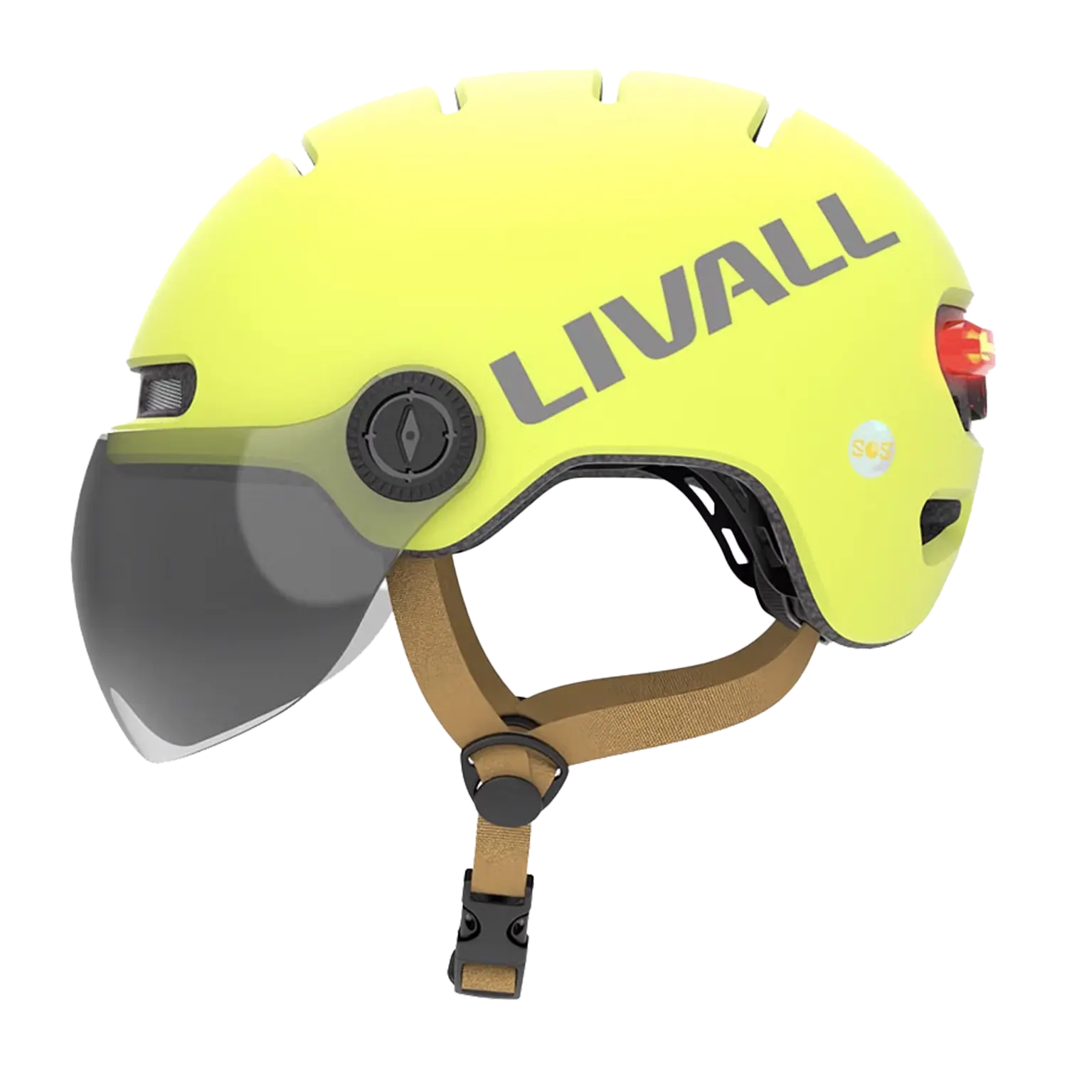 Ein gelber Fahrradhelm mit Visier, Bremslicht und SOS-Alarm ist im Seitenprofil mit Kinnriemen und rotem Rücklicht auf weißem Hintergrund dargestellt.