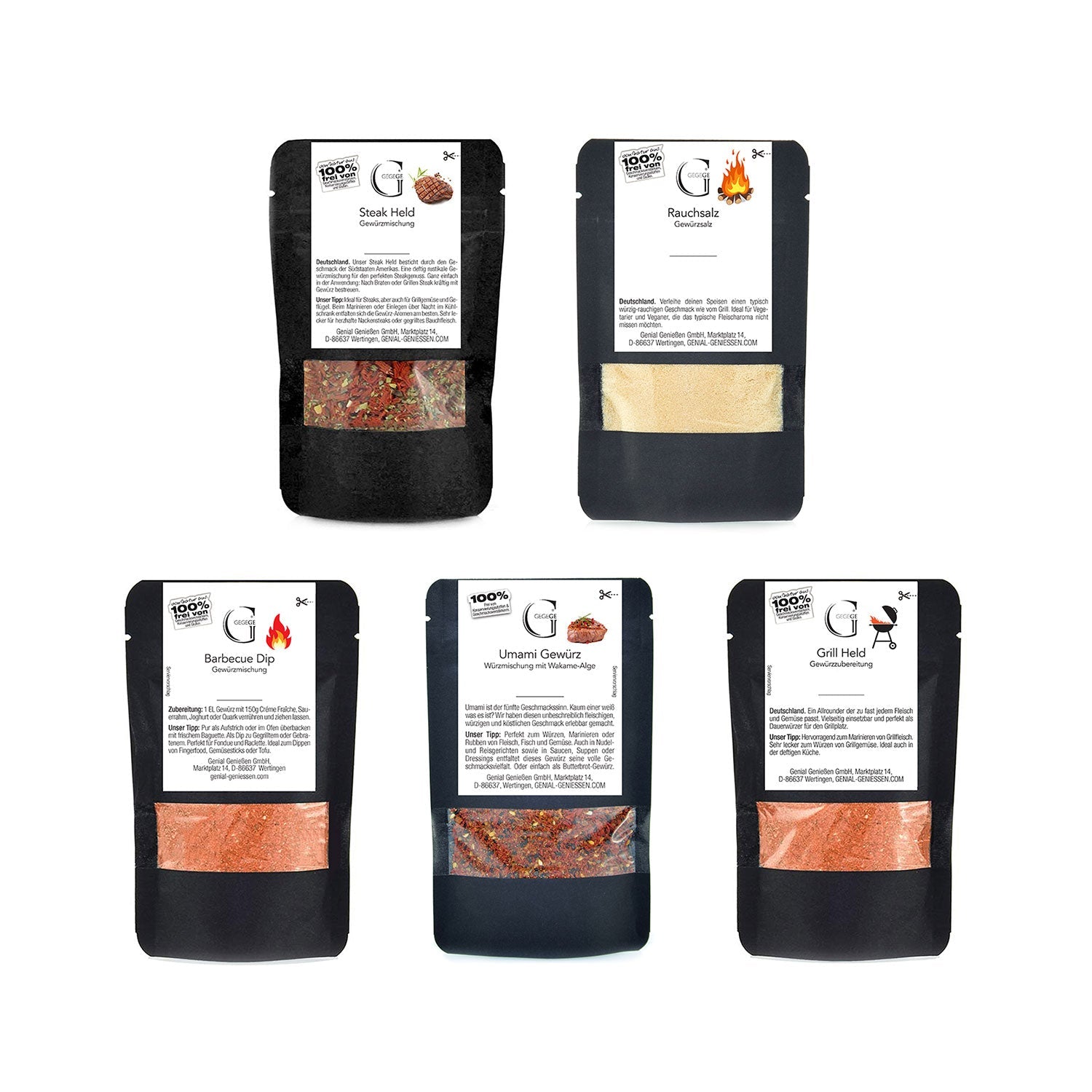 Die Gewürzbox Grill enthält fünf beschriftete Gewürzpakete, die gitterförmig auf weißem Hintergrund angeordnet sind. Darunter Machu Picchu Dip, Barbecue Dip, Tomaten-Mozzarella-Würzung und Umami Gewürz. Ideal für die nächste Grillparty oder als Mitbringsel, um Freunde mit aromatischen Gewürzen zu begeistern.