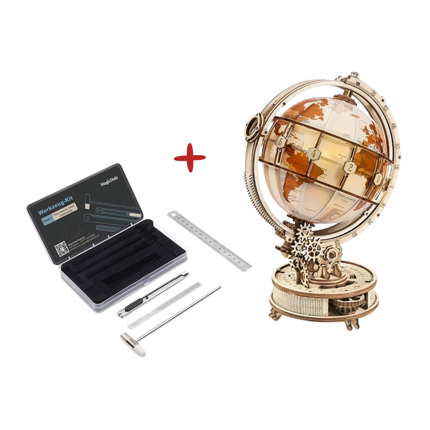 3D-Holzpuzzle Globus beleuchtet mit Werkzeug-Set