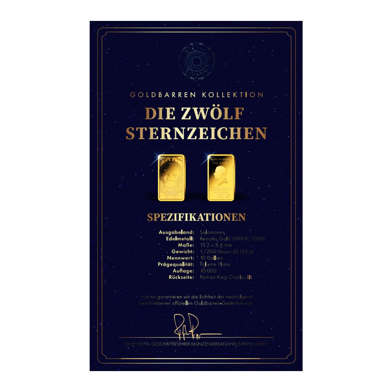 Zertifikat mit zwei Goldbarren Sternzeichen Krebs und deutschem Sternzeichentext.