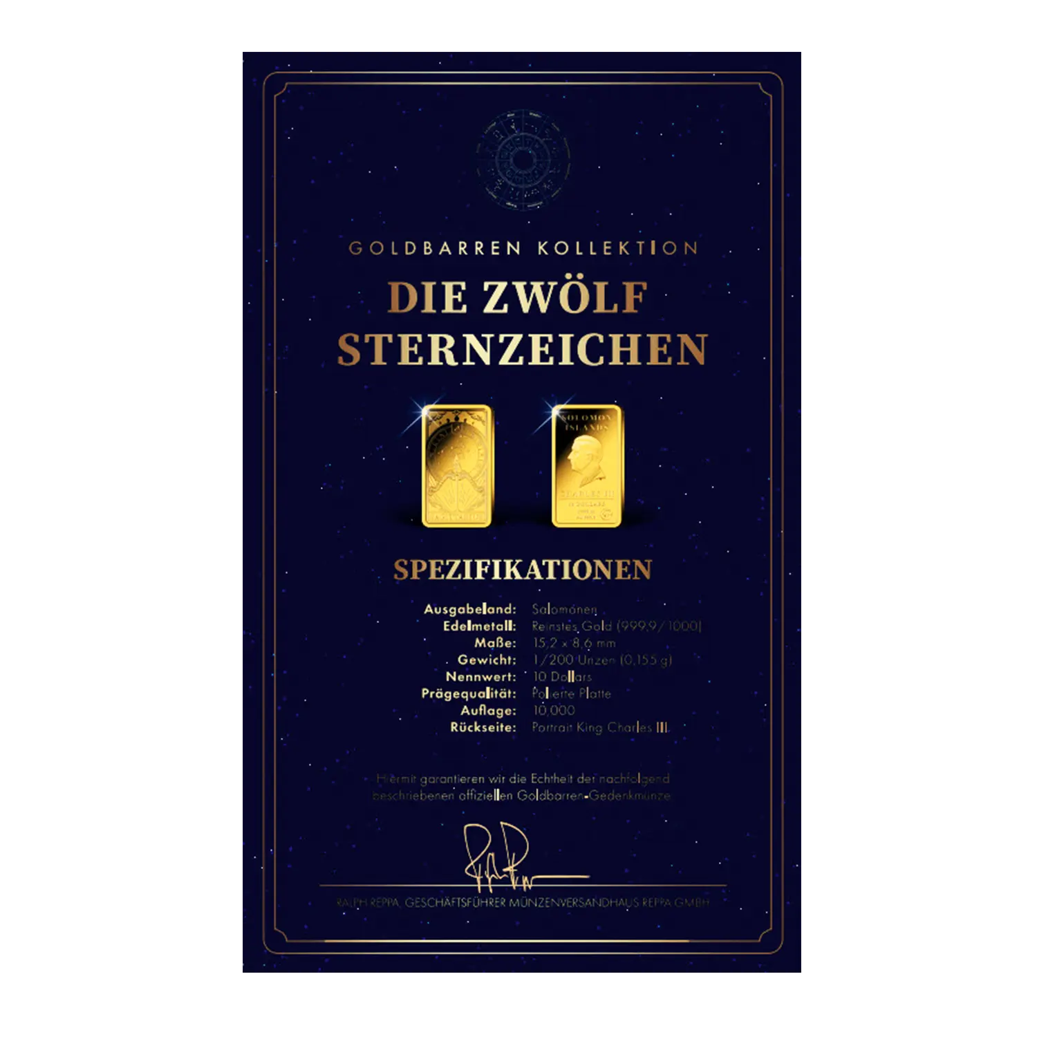 Zwei Goldbarren Sternzeichen Schütze als Geschenk mit deutschen Zertifikaten.