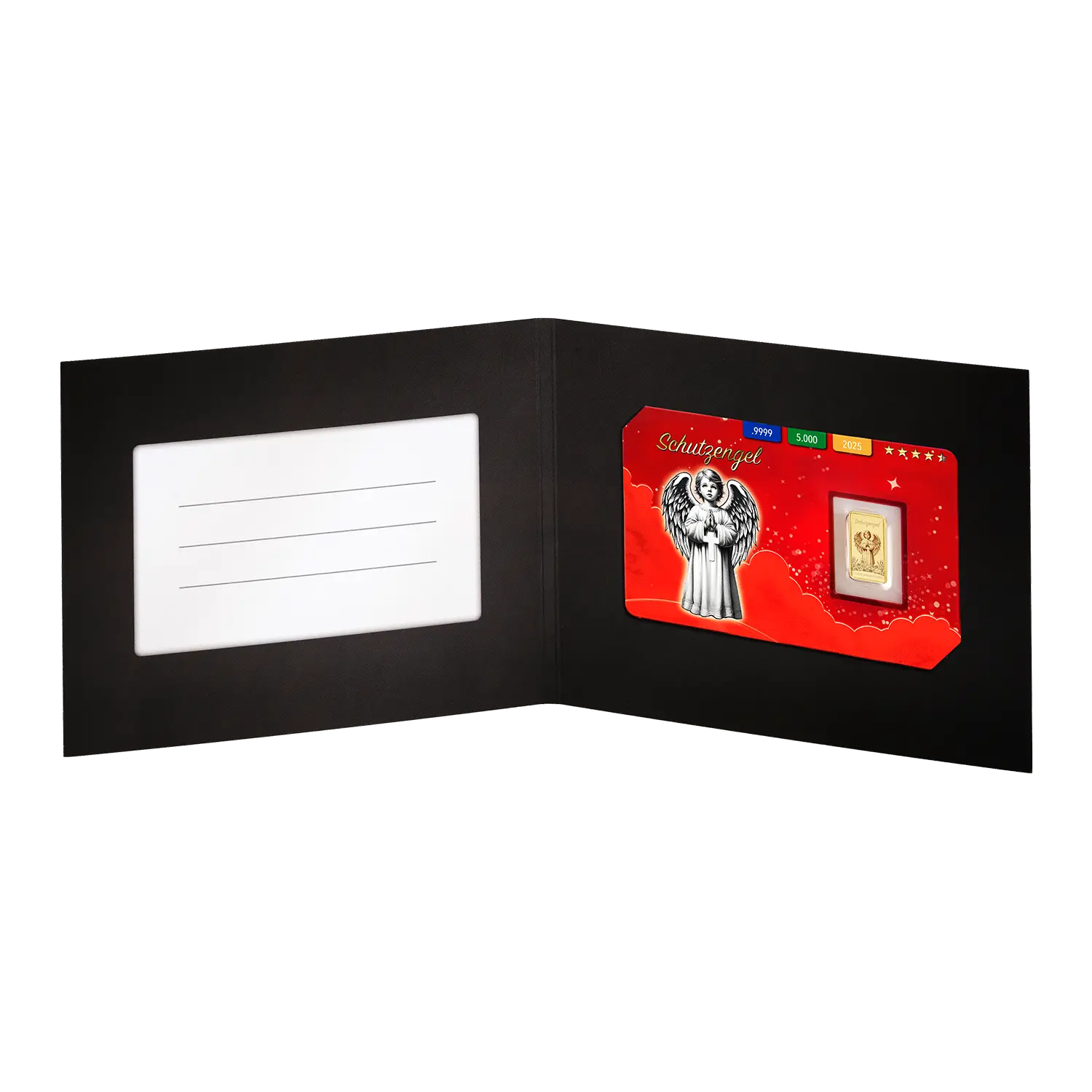 Offene schwarze Karte mit rotem Einsatz und Goldbarren Schutzengel auf der rechten Seite.