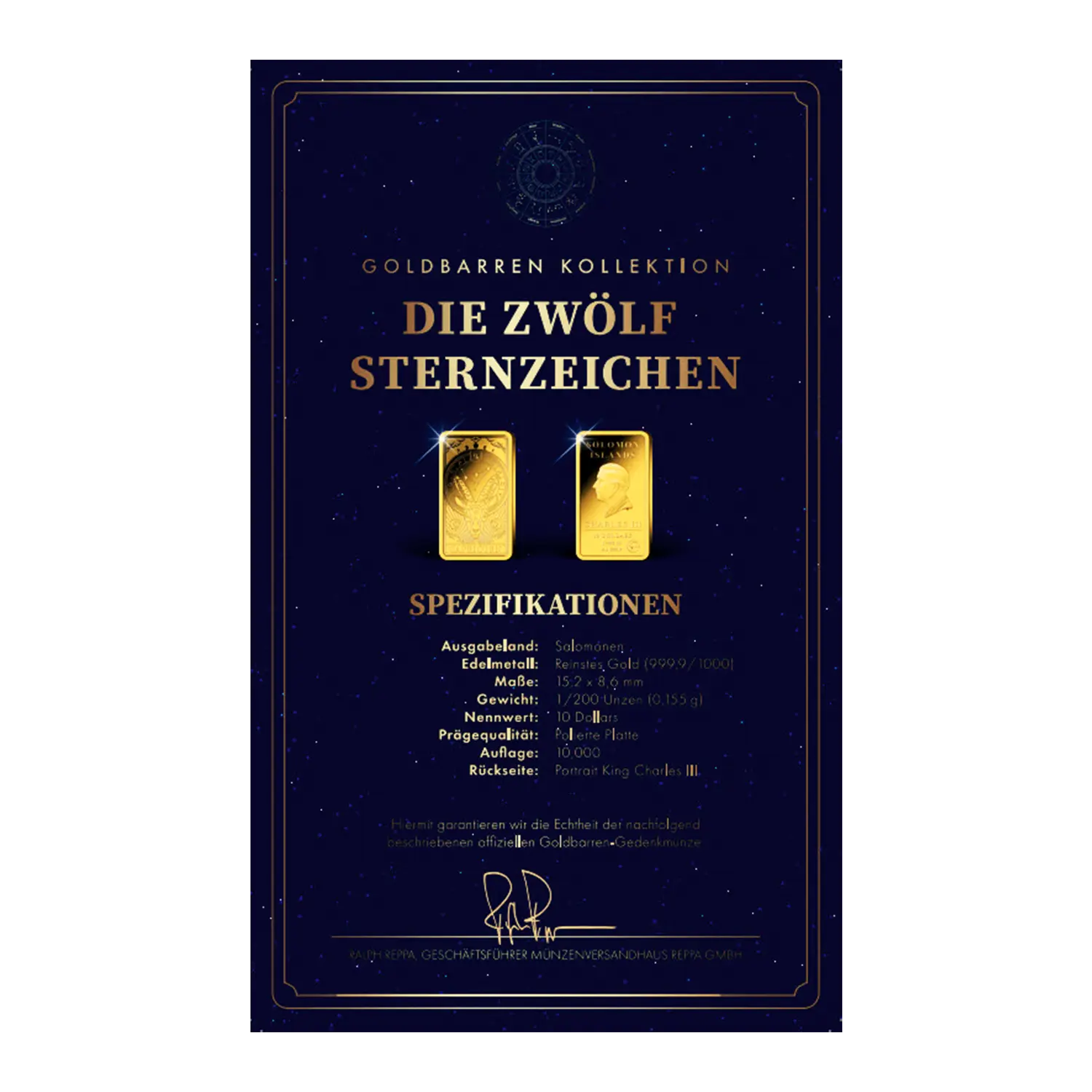 Goldbarren Sternzeichen Steinbock mit Zertifikat auf dunklem Hintergrund.