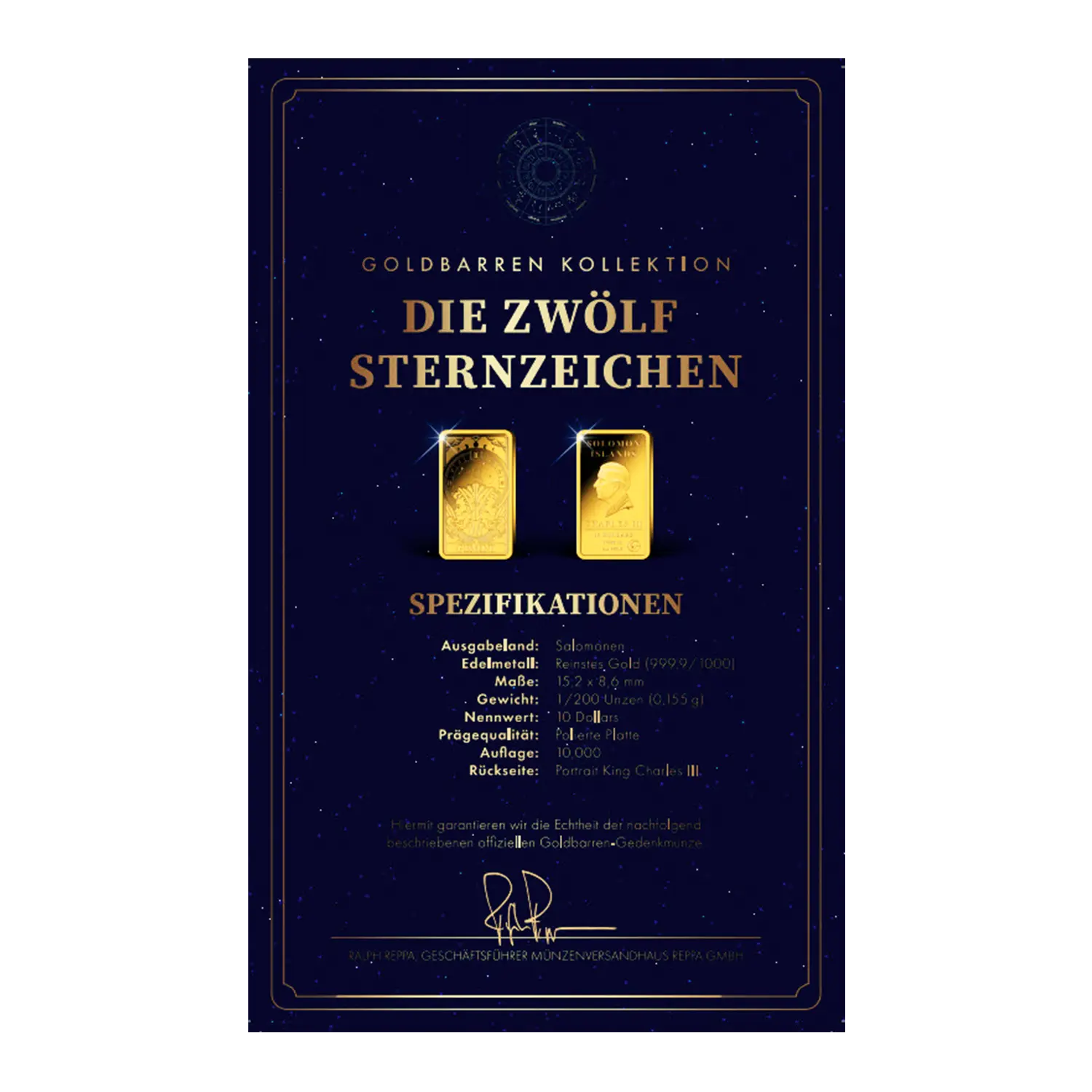 Zwei Goldbarren Sternzeichen Zwillinge auf einem dunkelblauen deutschen Zertifikat.