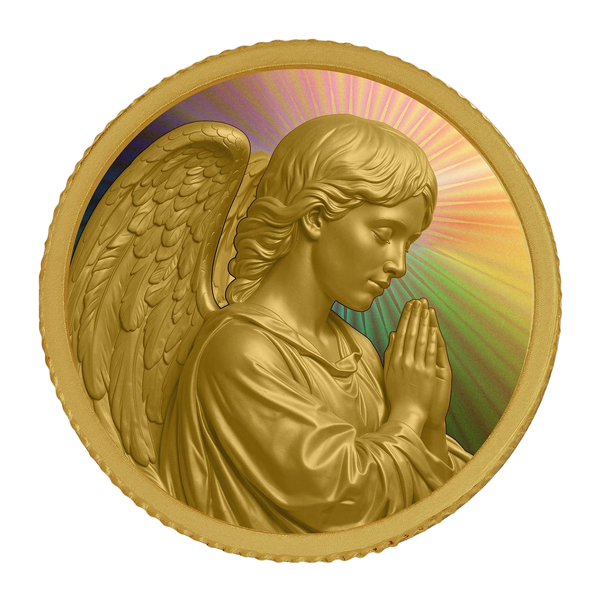 Goldmünze Engel mit Regenbogeneffekt