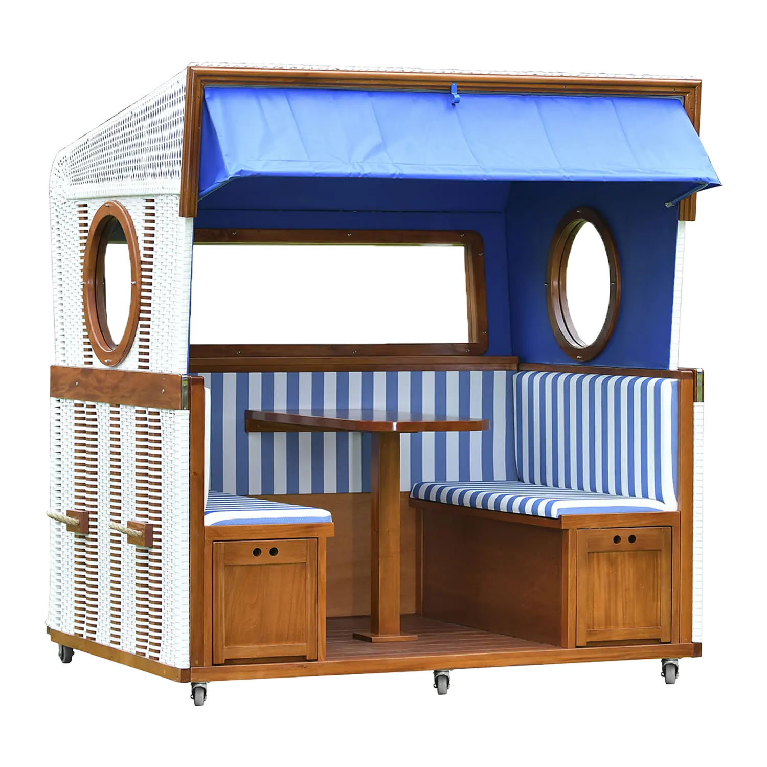 Strandkorb 6-Sitzer Gosch-Lounge mit Mahagoni-Tisch und blau-gestreiften Sitzen