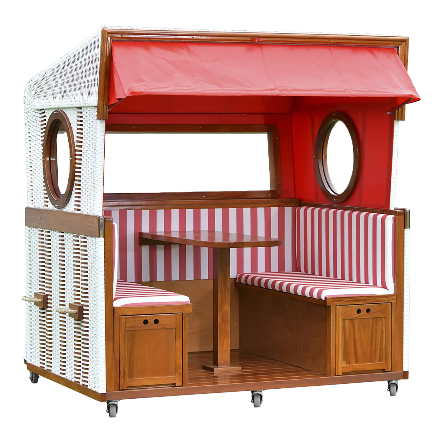 Strandkorb 6-Sitzer Gosch-Lounge mit rotem Baldachin, gestreiften Sitzen, Holztisch
