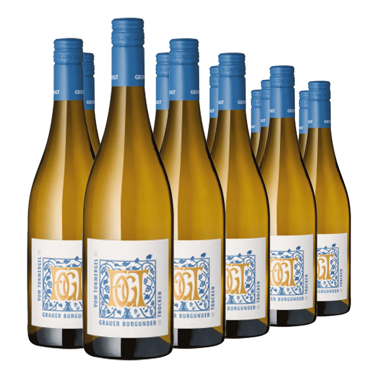 Acht Flaschen Grauer Burgunder "Vom Tonmergel", vegan, blauer Verschluss, Rheinhessen.