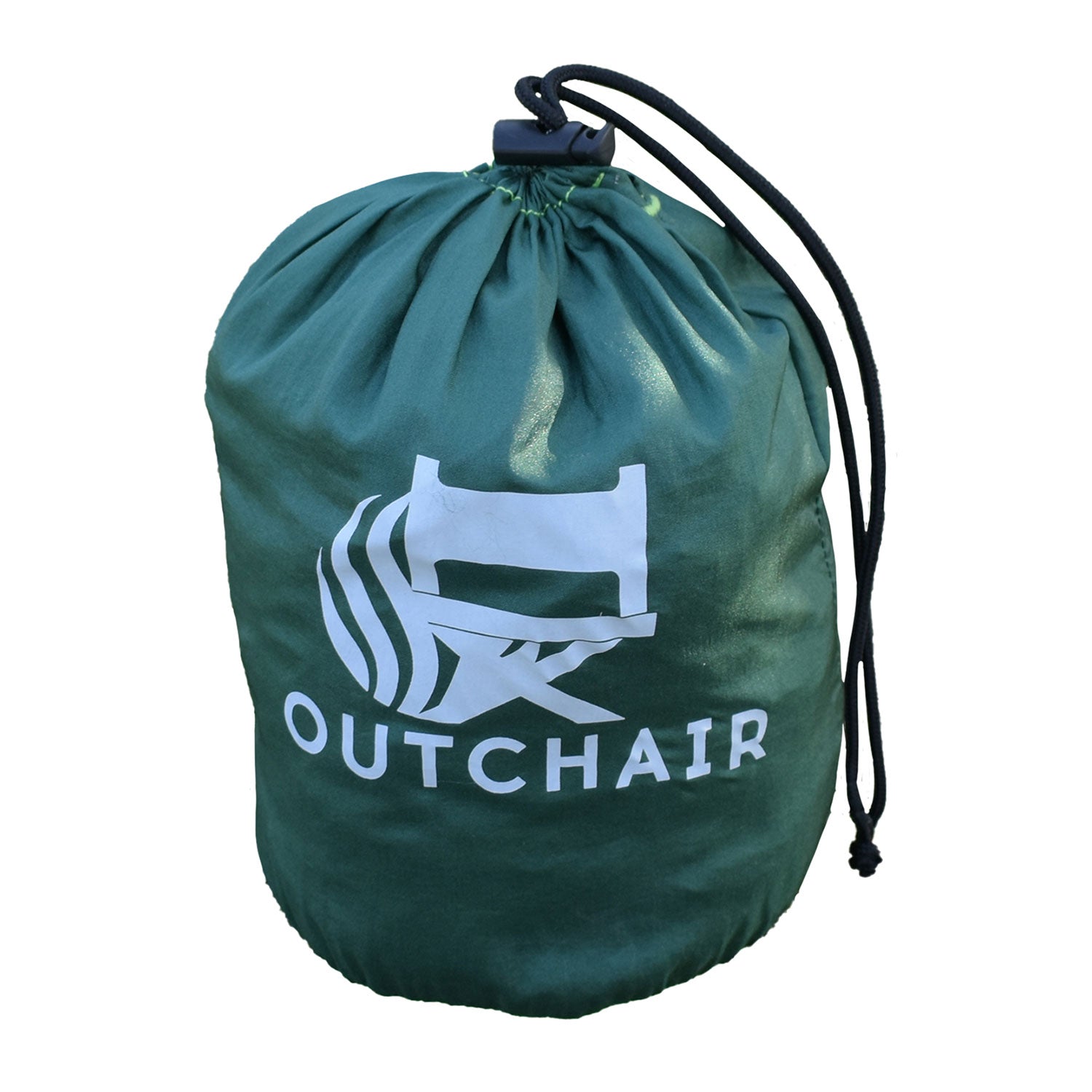 Superleichter grüner Kordelzugbeutel für Hängematte Outdoor mit OUTCHAIR-Logo.