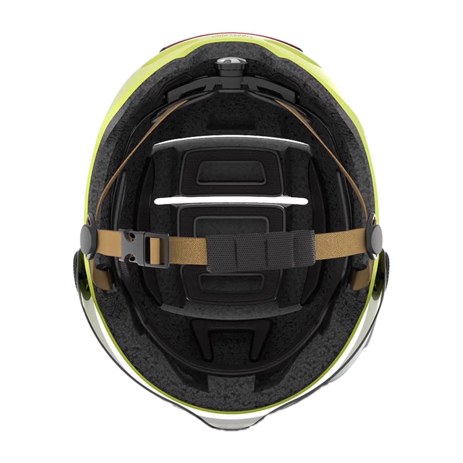 Die Draufsicht auf den Fahrradhelm mit Visier, Bremslicht und SOS-Alarm zeigt schwarze Polsterung, verstellbare Riemen und eine Schnalle in der gelben Schale – mit intelligenten SOS-Alarm- und Bremslichtfunktionen für zusätzliche Sicherheit.