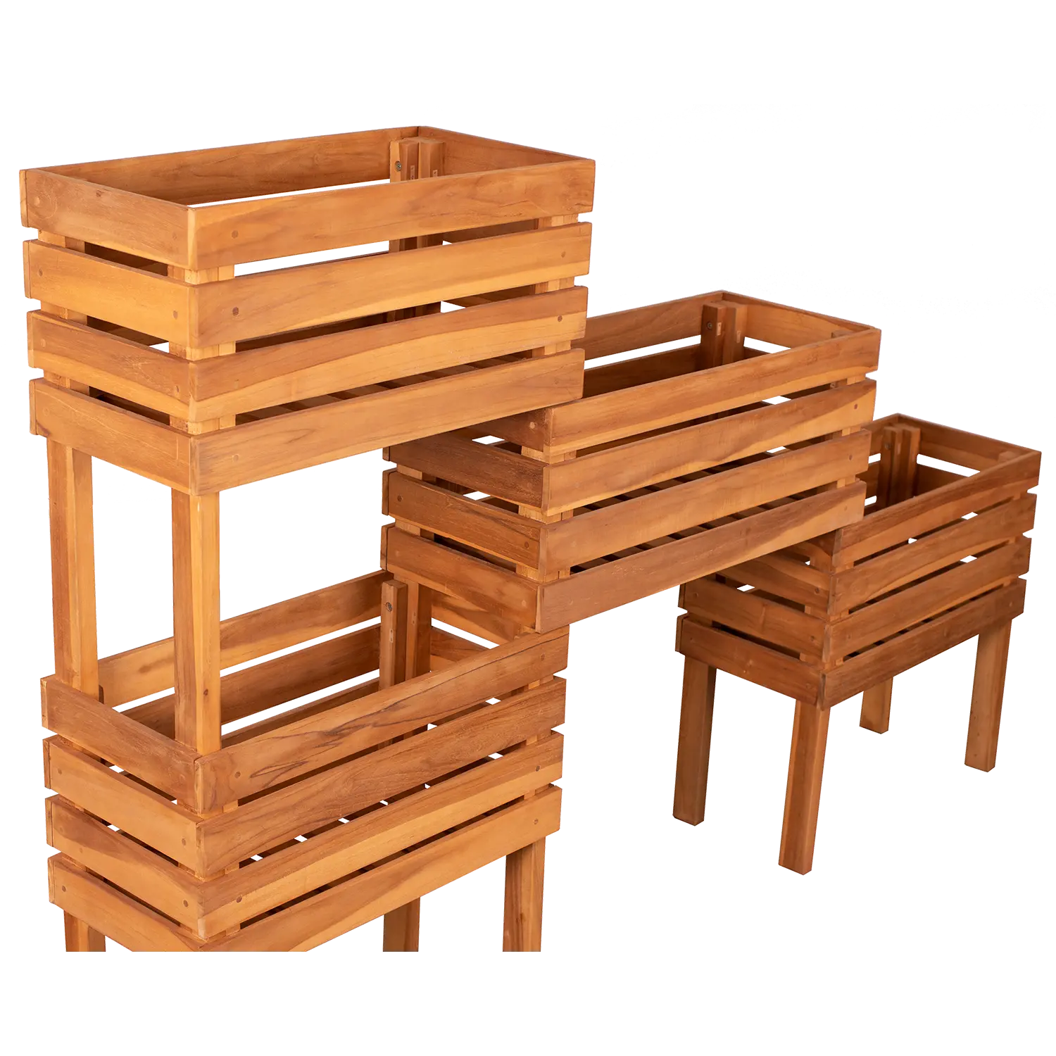 Drei Hochbeet aus Teakholz Pflanzgefäße in verschiedenen Höhen gestapelt.