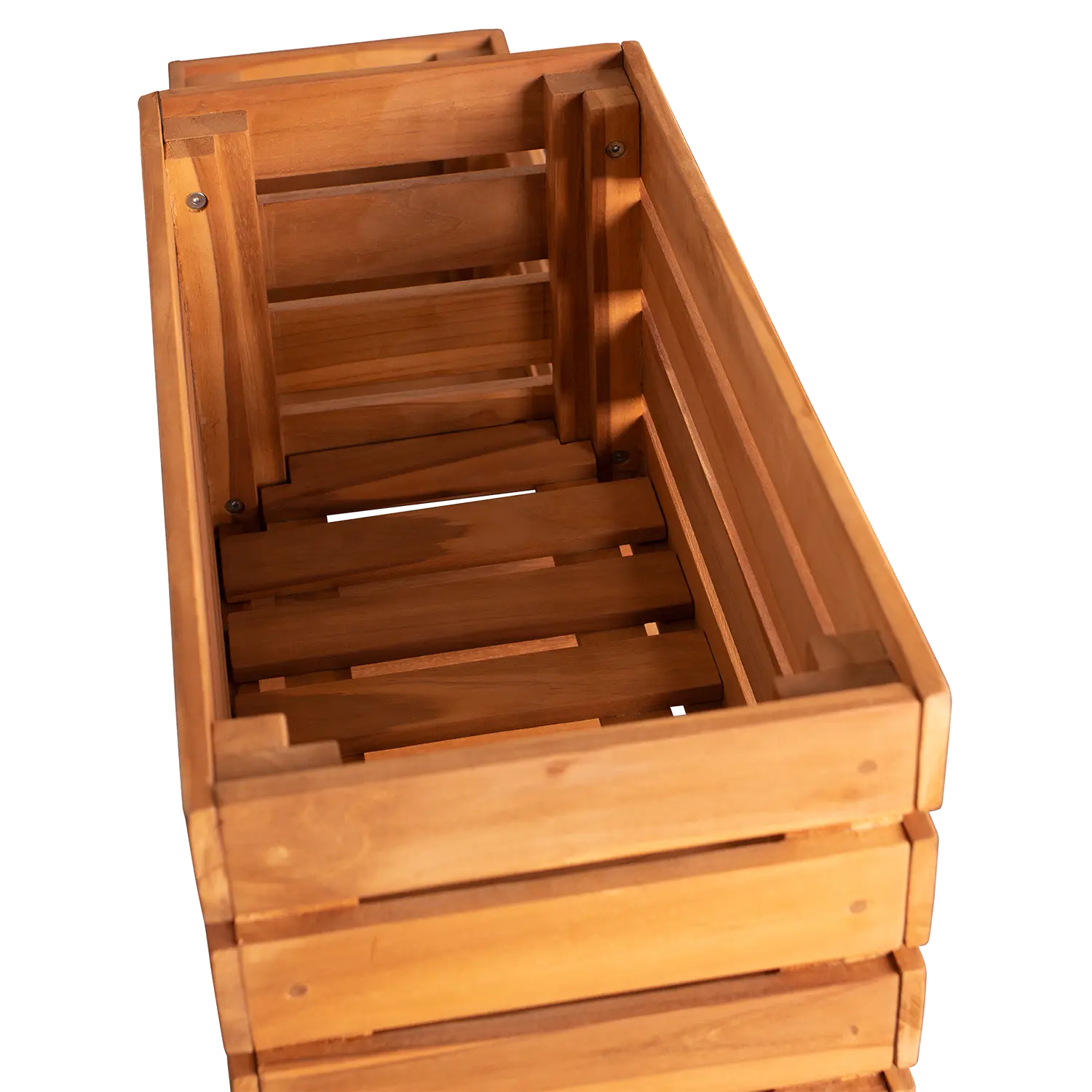 Hochbeet aus Teakholz Pflanzkasten mit Lattenrost und natürlicher Oberfläche.