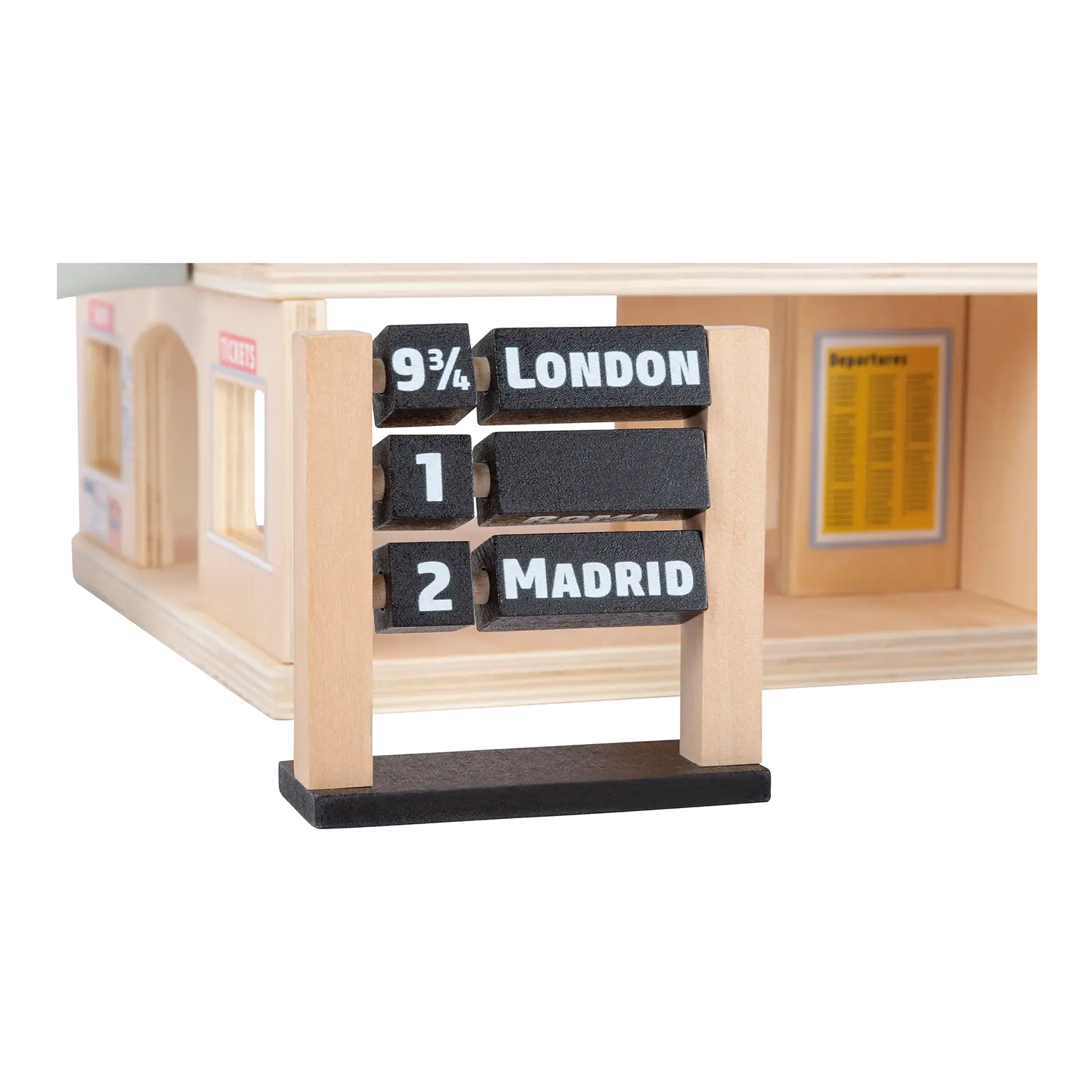 Bahnhofsset aus Holz mit Schildern für die Bahnsteige nach London und Madrid.