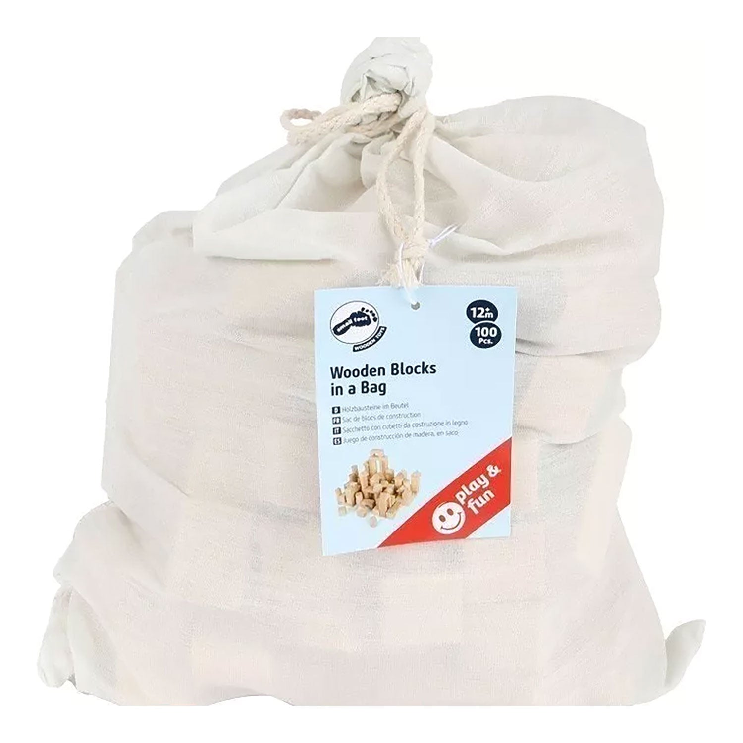 Stofftasche mit der Aufschrift Holzbausteine 100 Stück-ein Spielspaß für 3+ Jahre